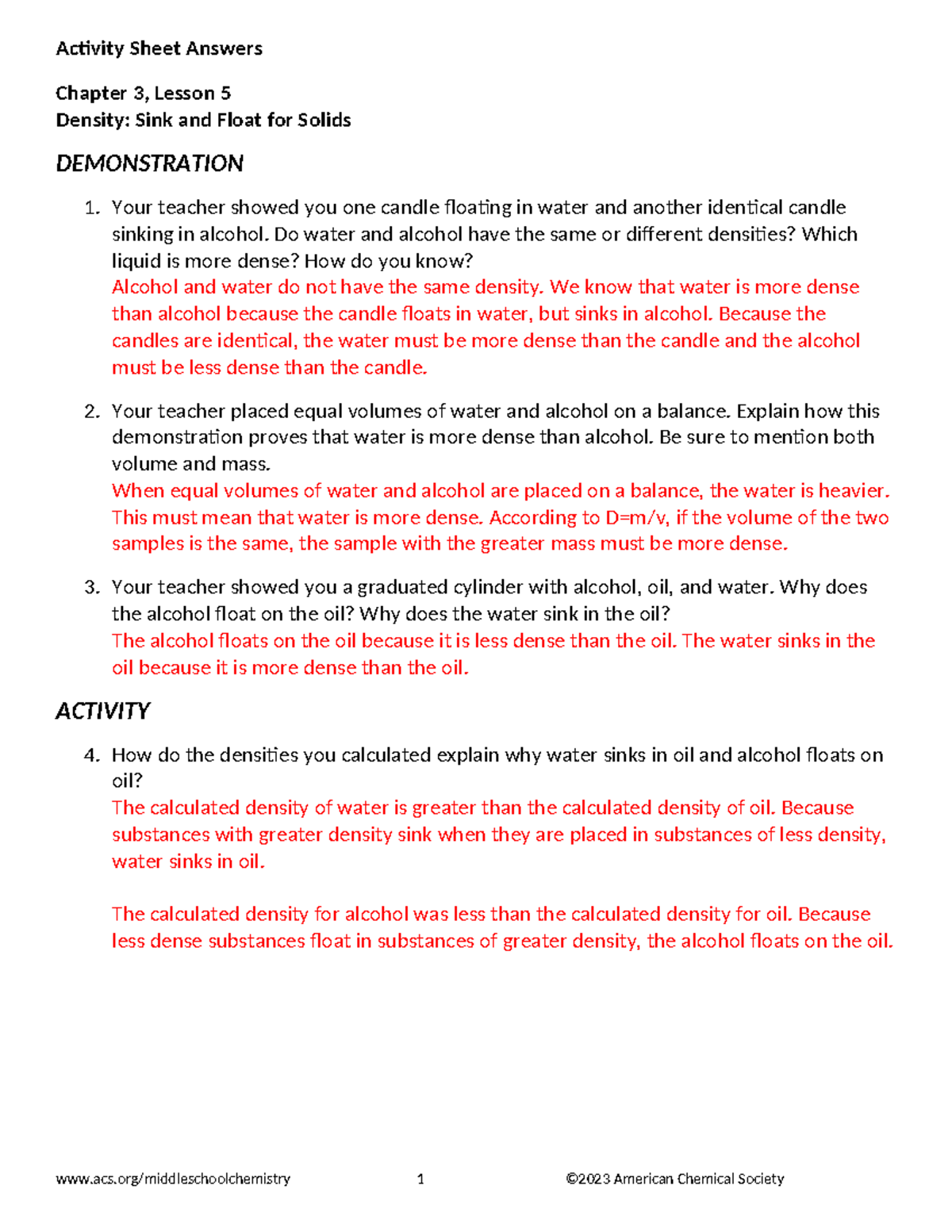 Ch3 L5 Activity Sheet Answers: Density of Liquids Explained - Studocu
