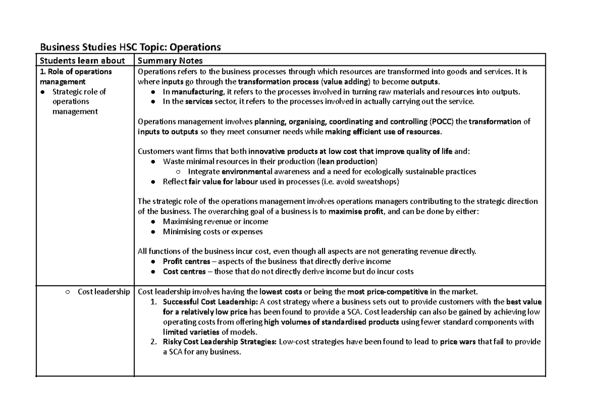 HSC Business Studies: Comprehensive Operations Management Notes - Studocu
