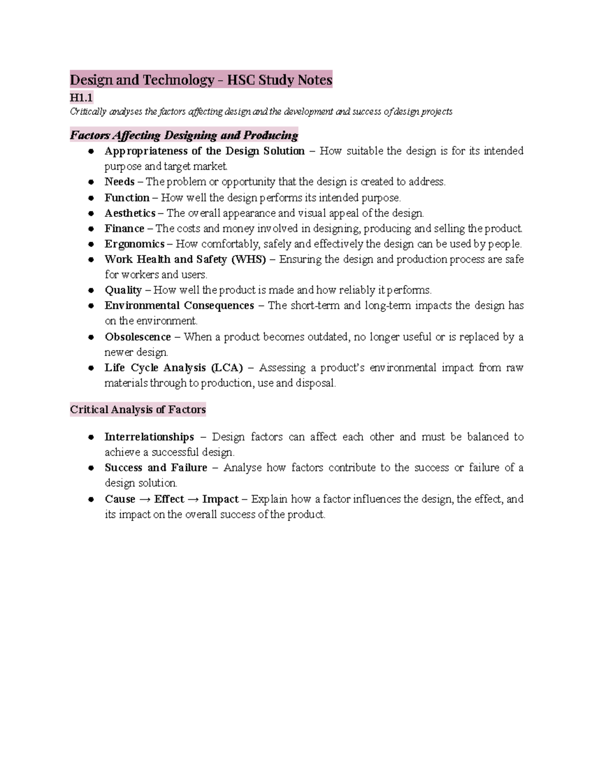 Design and Technology HSC Study Notes: Factors Influencing Design ...
