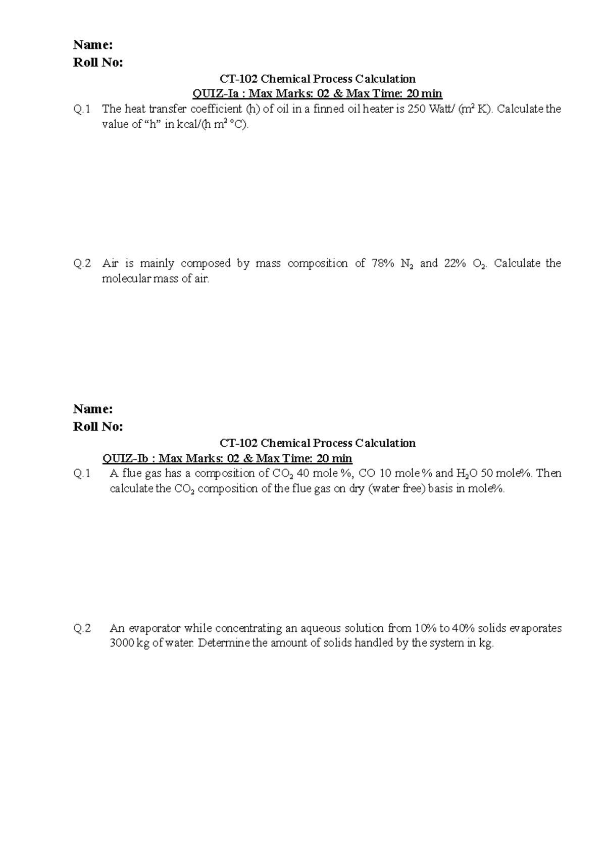 CT 102 Chemical Process Calculation Quiz 1a 2026 - Studocu