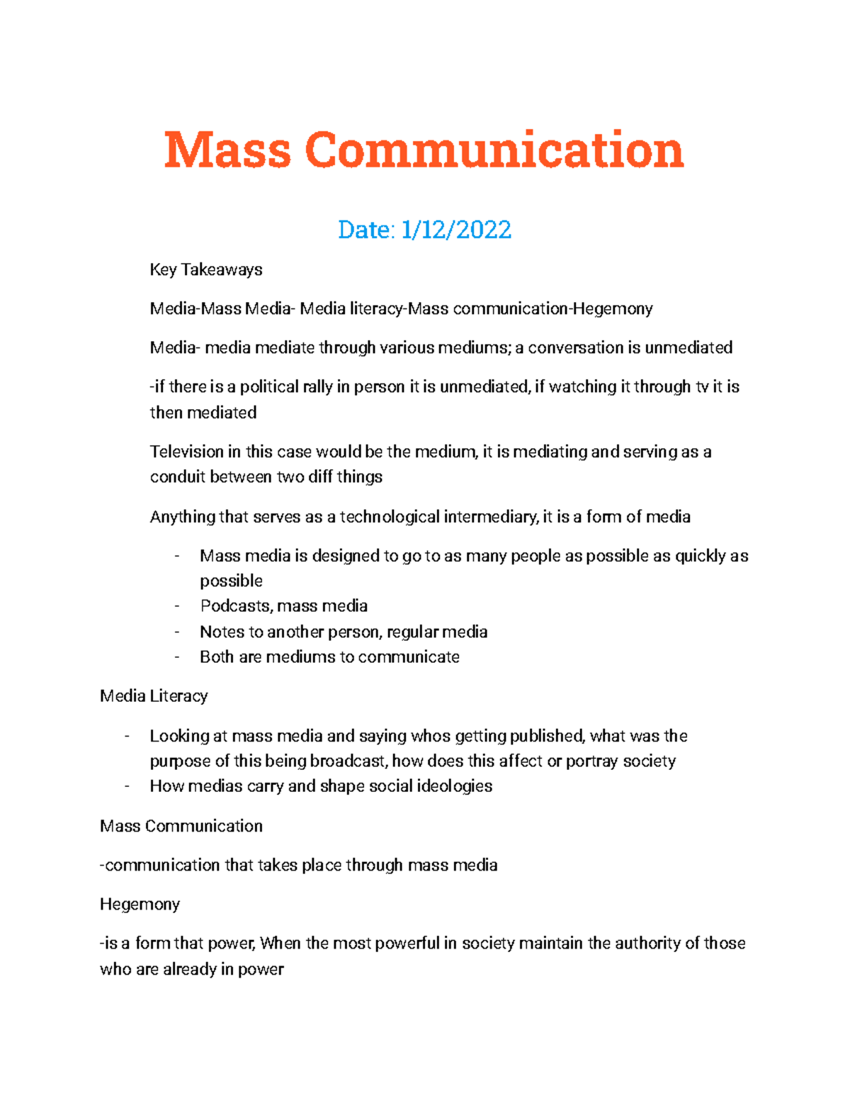 Class Notes - Media Literacy & Mass Communication (COMM 101) - Studocu