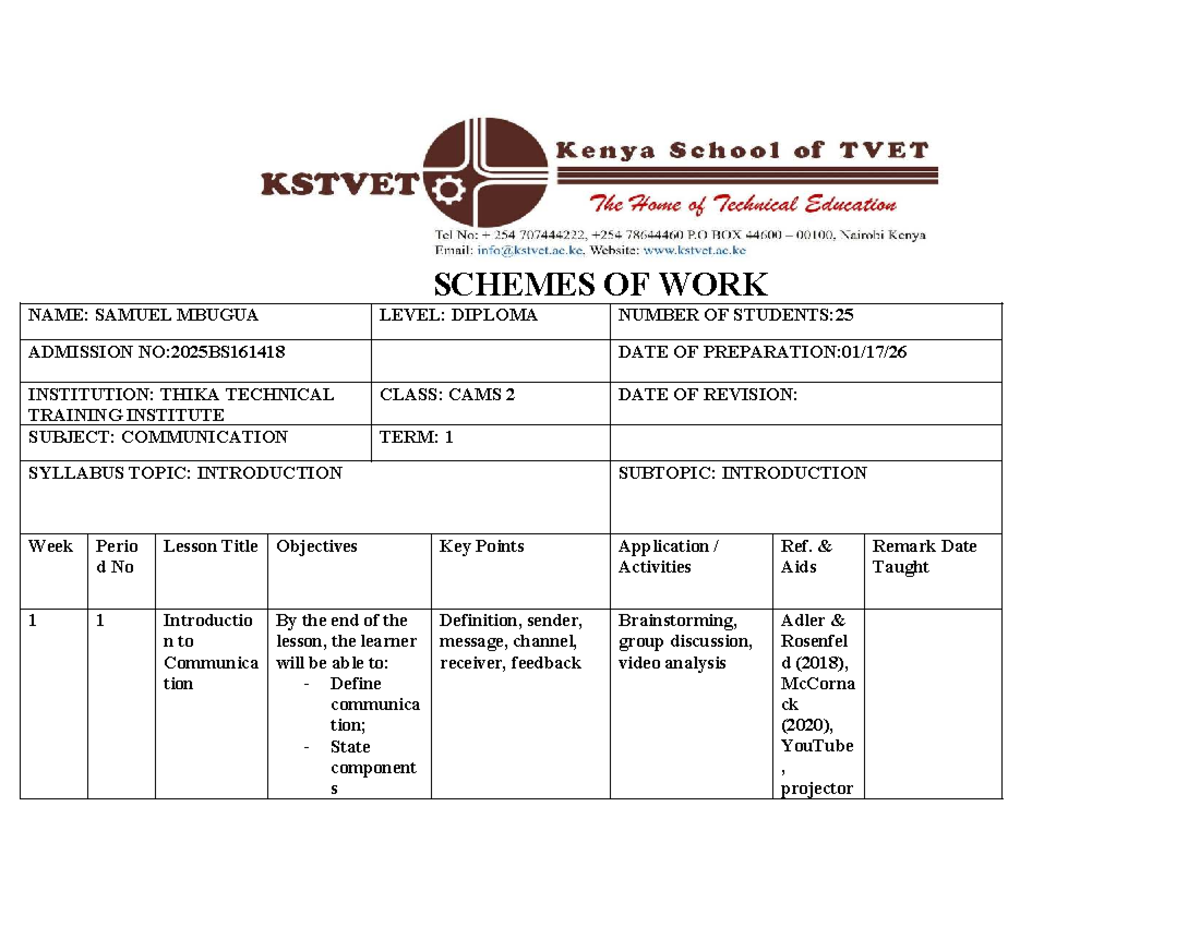 SCHEMES OF WORK: COMMUNICATION (CAMS 2) - SAMUEL MBUGUA - Document Preview