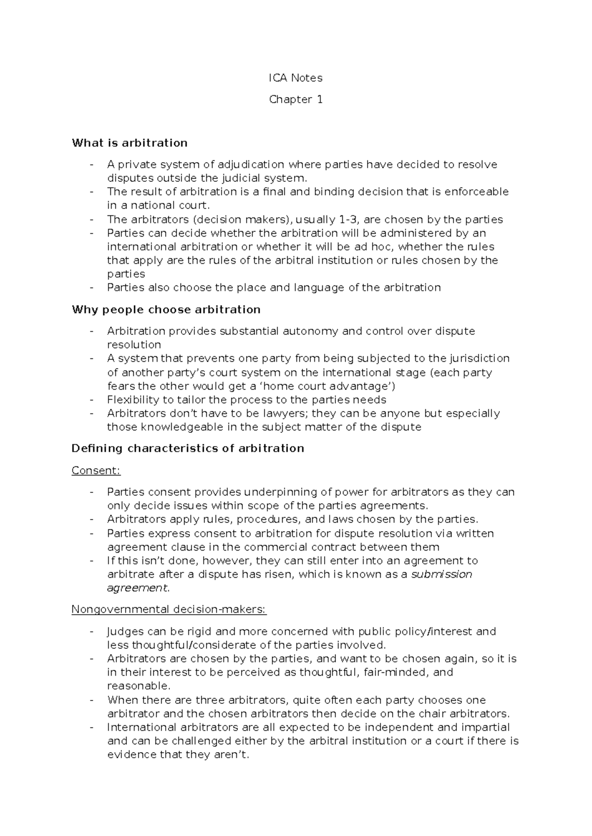 ICA Notes: Chapter 1 - Understanding Arbitration and Its Key Features ...