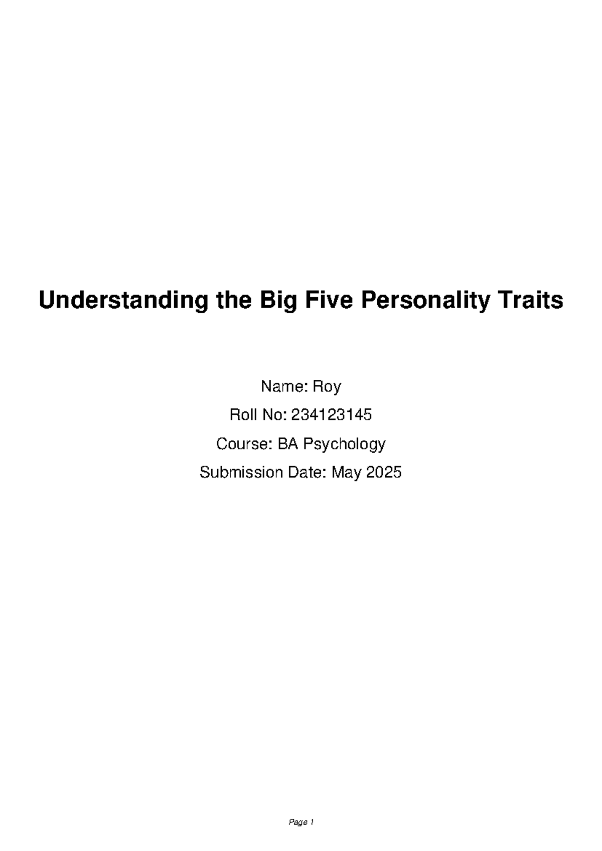BA Psychology: Understanding the Big Five Personality Traits Assignment ...