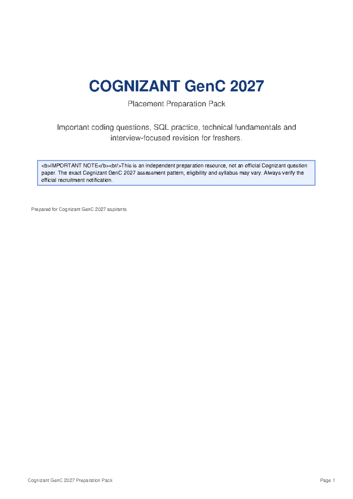 Cognizant GenC 2027 Placement Prep: Coding, SQL & Tech Fundamentals ...