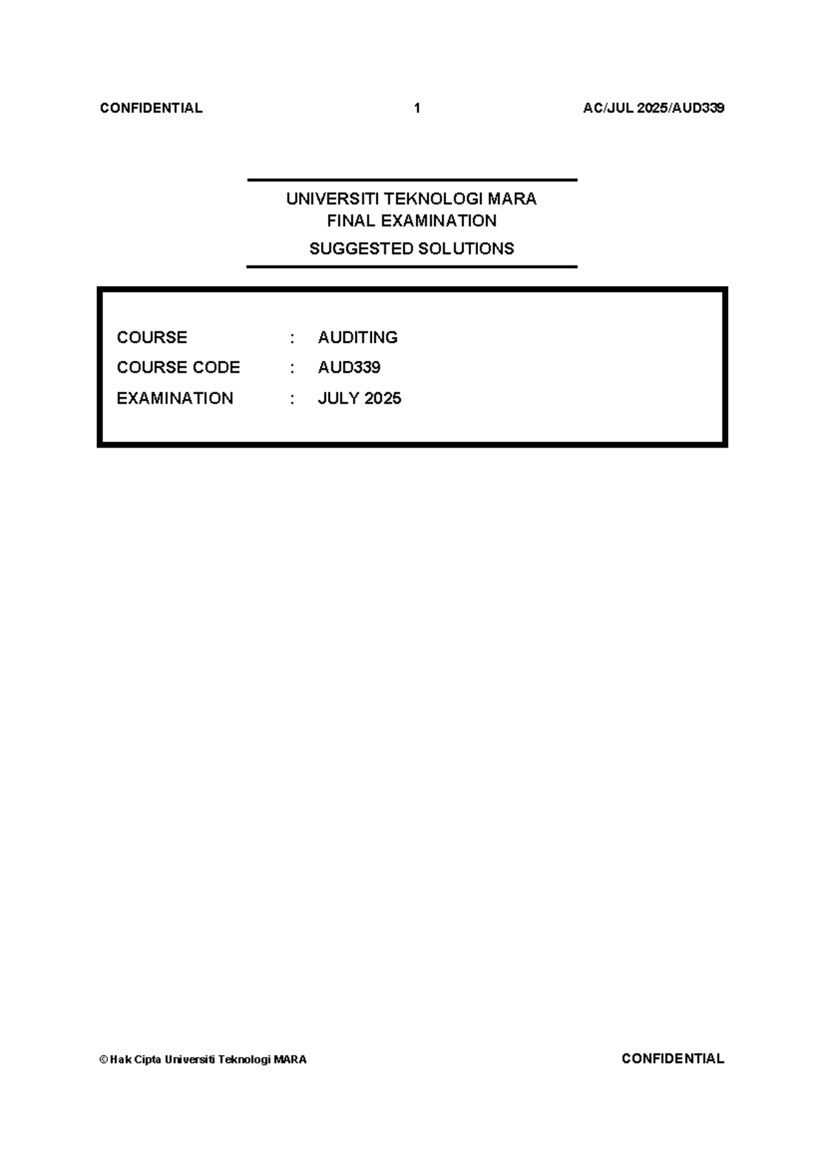 AUD339 Final Exam Suggested Solutions - July 2025 - Studocu