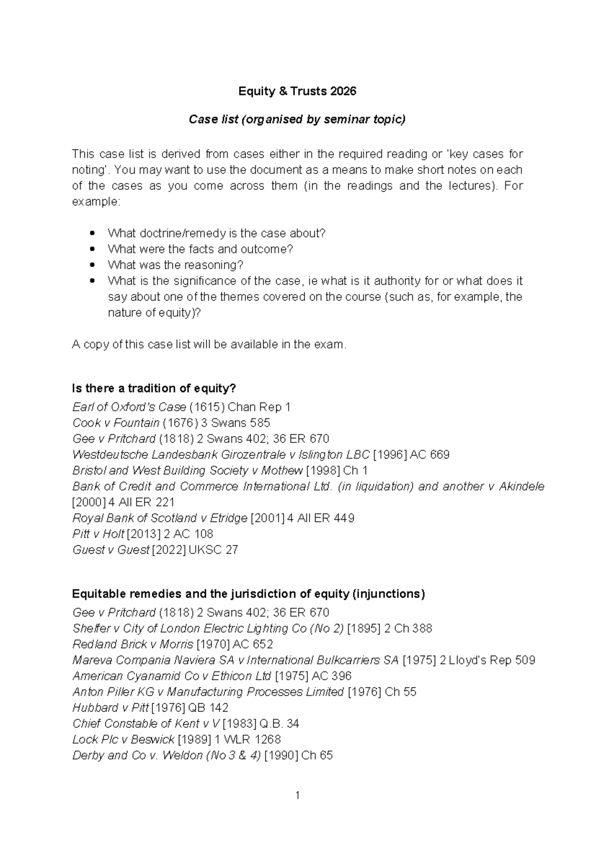 Equity and Trusts 2026: Comprehensive Case List for Seminar - Studocu