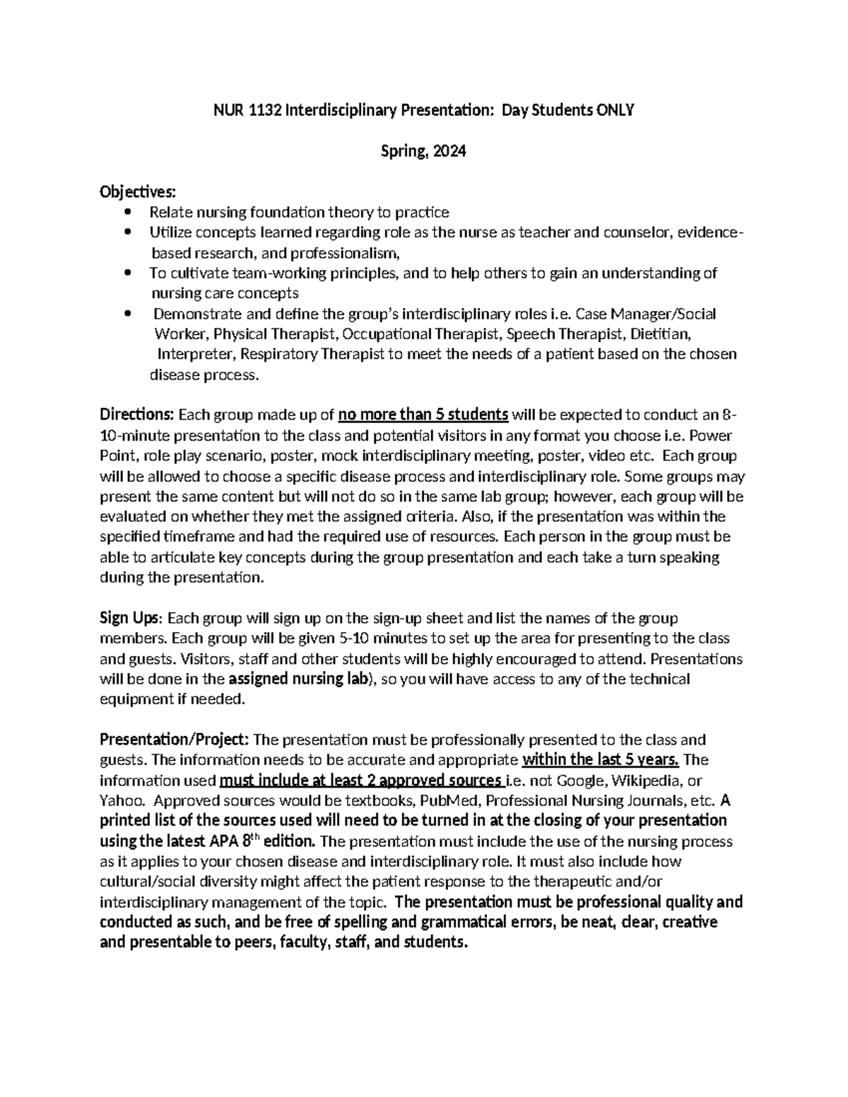 NUR 1132 Interdisciplinary Project Presentation Guidelines - Spring ...