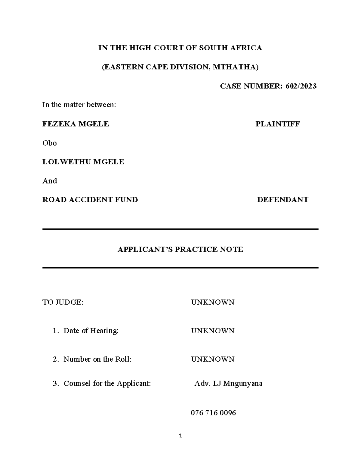 Practice NOTE - IN THE HIGH COURT OF SOUTH AFRICA (EASTERN CAPE ...