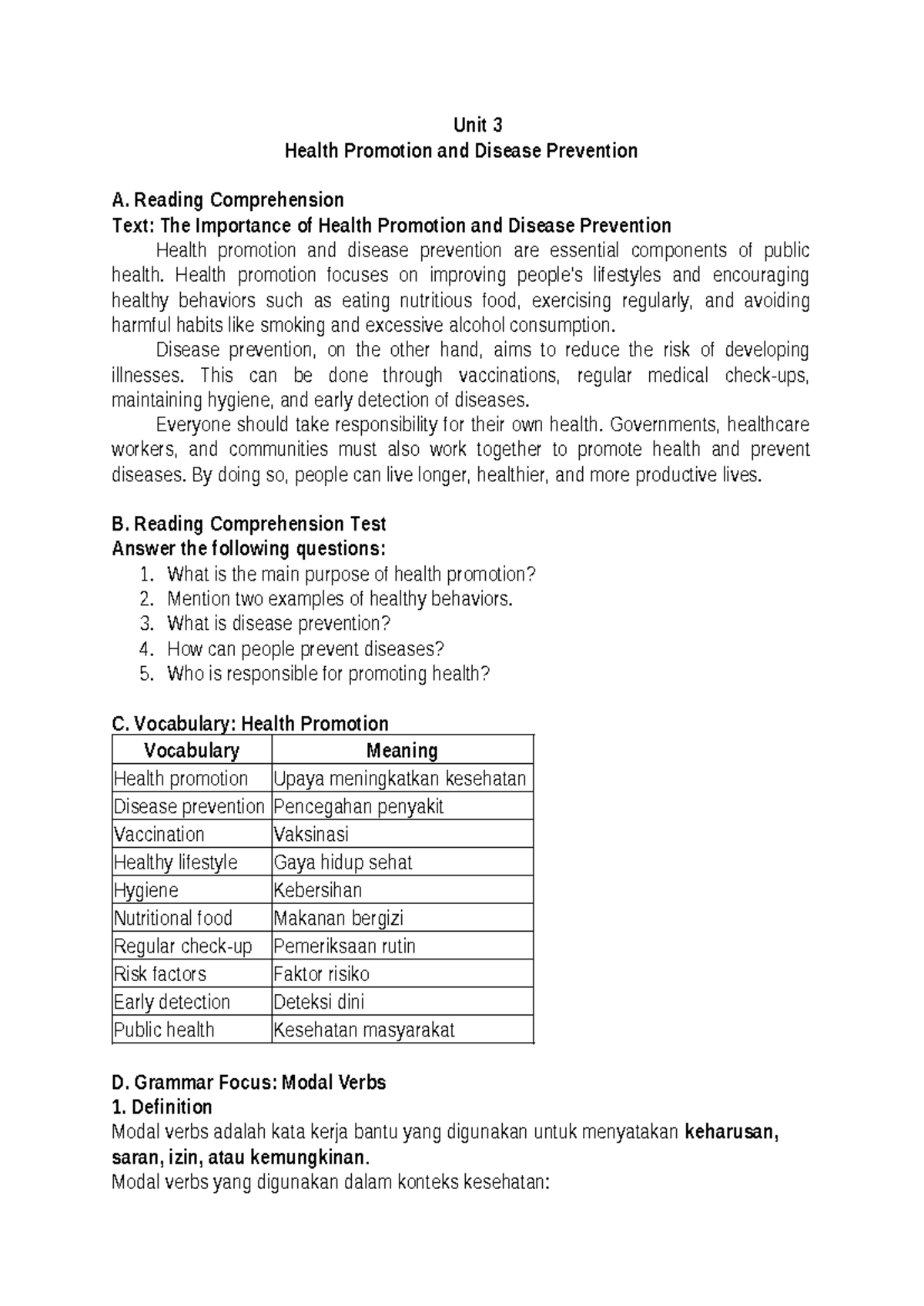 Unit 3 Health Promotion & Disease Prevention S2: Reading & Grammar ...