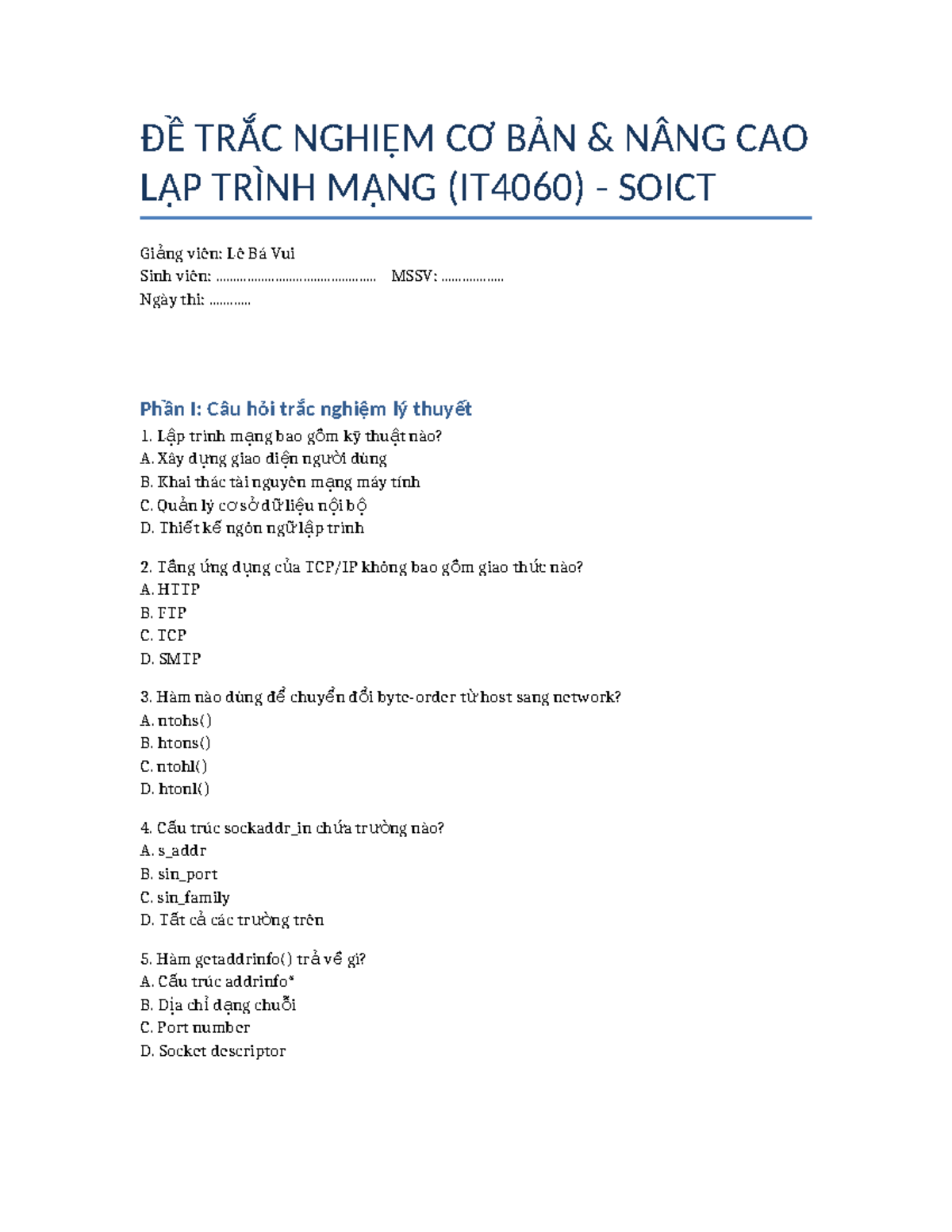 ĐỀ THI TRẮC NGHIỆM NÂNG CAO LẬP TRÌNH MẠNG (IT4060) - Document Preview