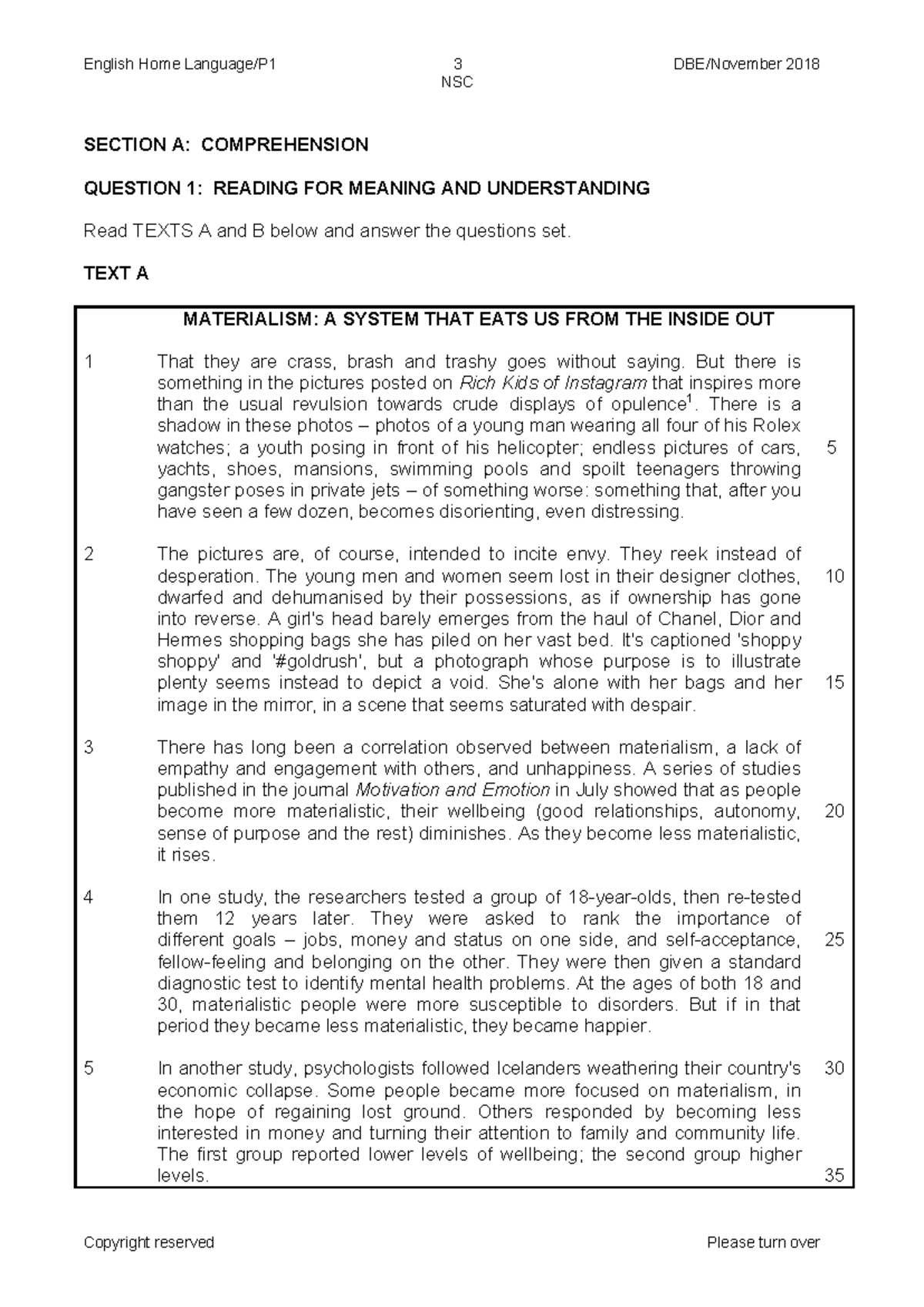 English HL P1 Nov 2018 - Past Exam Paper Comprehension & Summary - Studocu