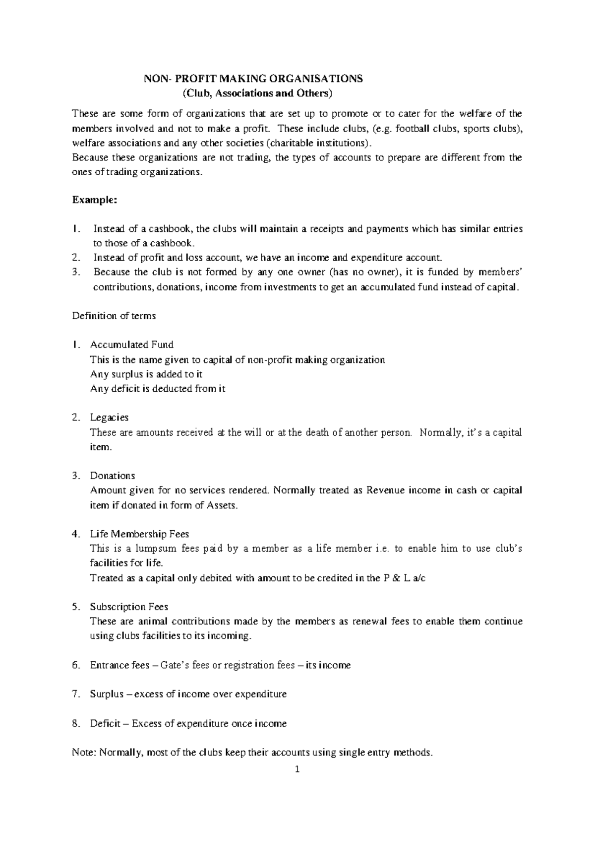 Non profit making orgns notes - 1 NON- PROFIT MAKING ORGANISATIONS ...