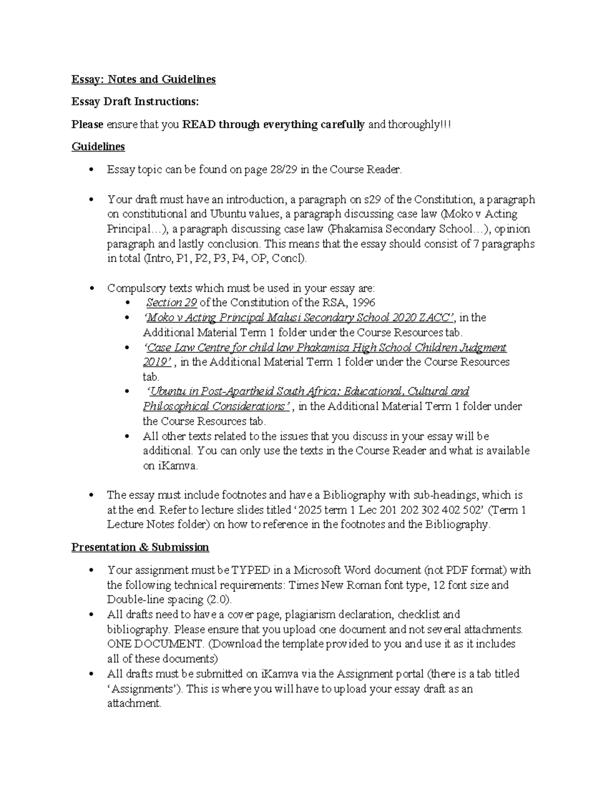 Essay Guidelines: Drafting on Section 29 & Ubuntu Values (LAW 201 ...
