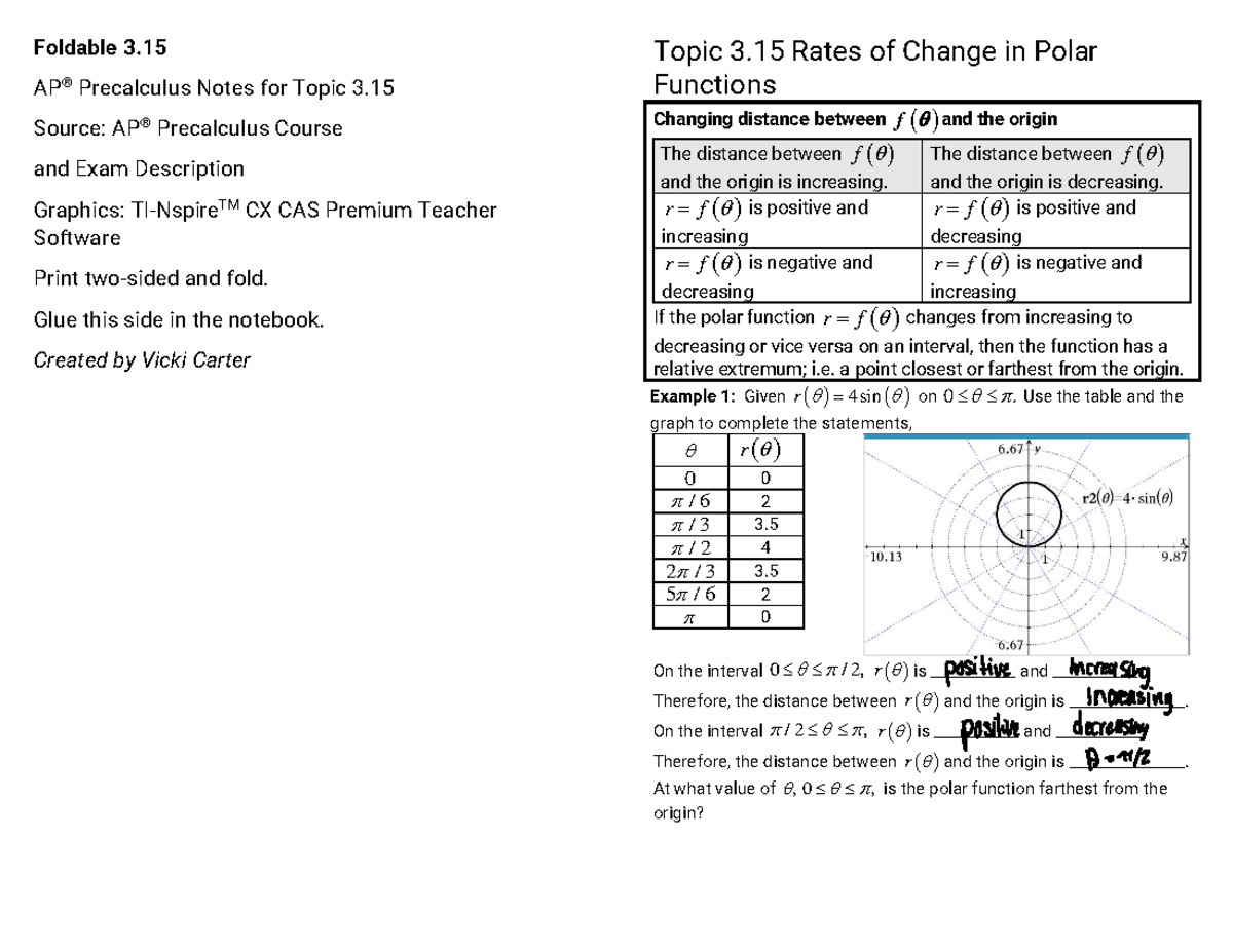Precalculus Notes: Topic 3.15 Rates of Change in Polar Functions - Studocu