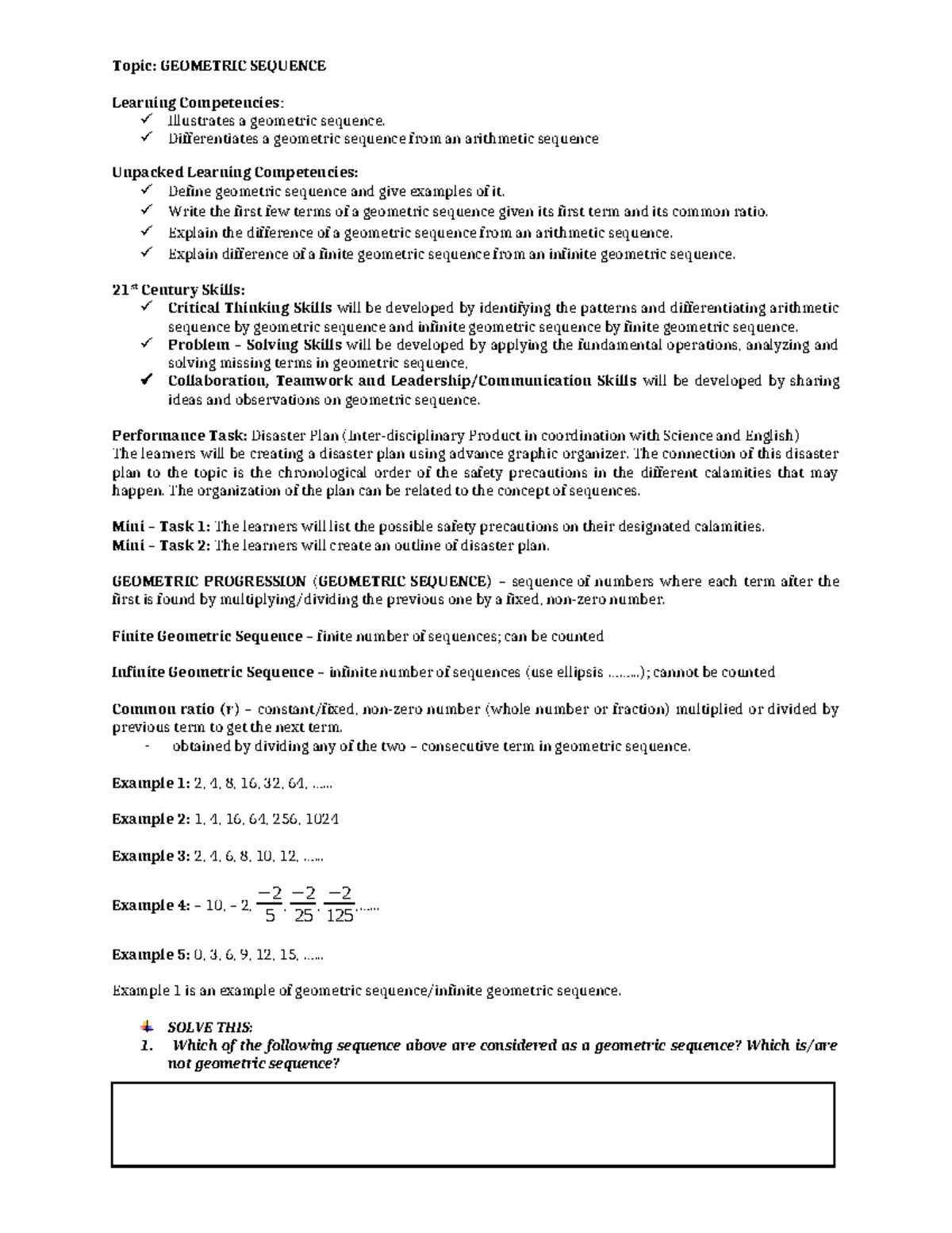 Sequence - MODULE - SEQUENCE, SERIES, AND PATTERNS Topic: ARITHMETIC ...