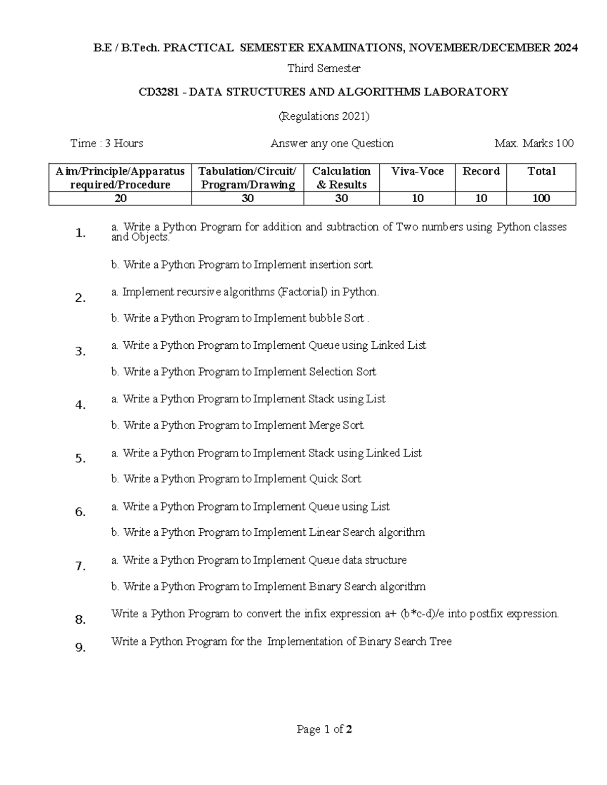 CD3281 SET3 - lab qns - Page 1 of 2 B / B. PRACTICAL SEMESTER ...