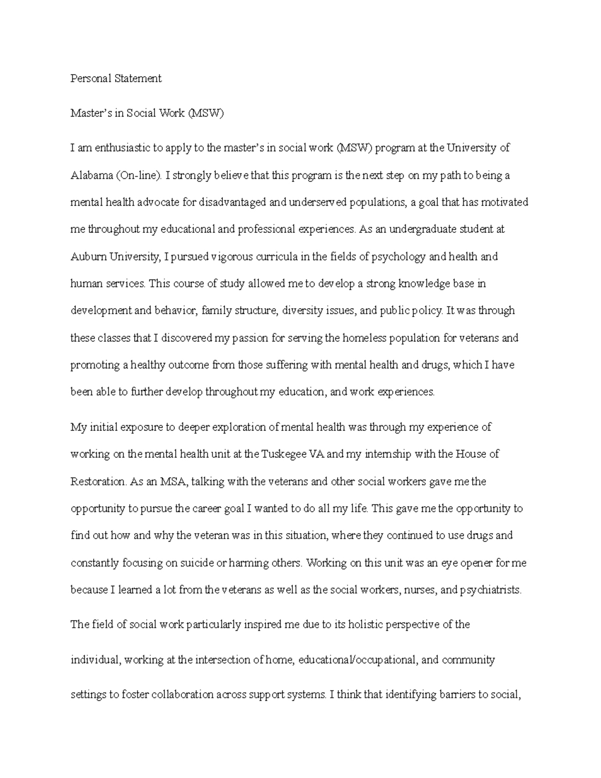 Personal Statement for MSW Program at University of Alabama - Studocu
