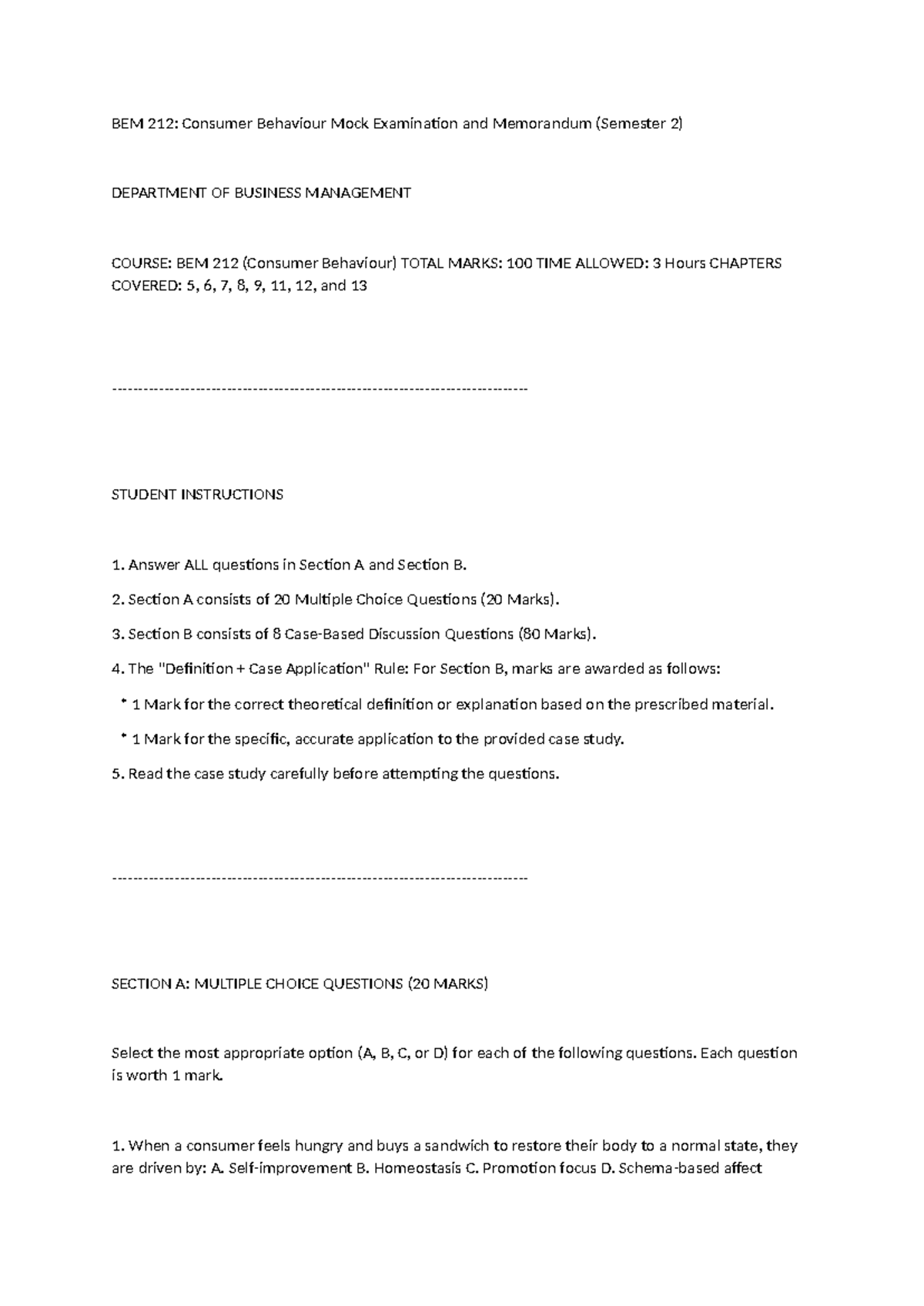 BEM 212: Consumer Behaviour Mock Exam & Memo (Semester 2) - Studocu