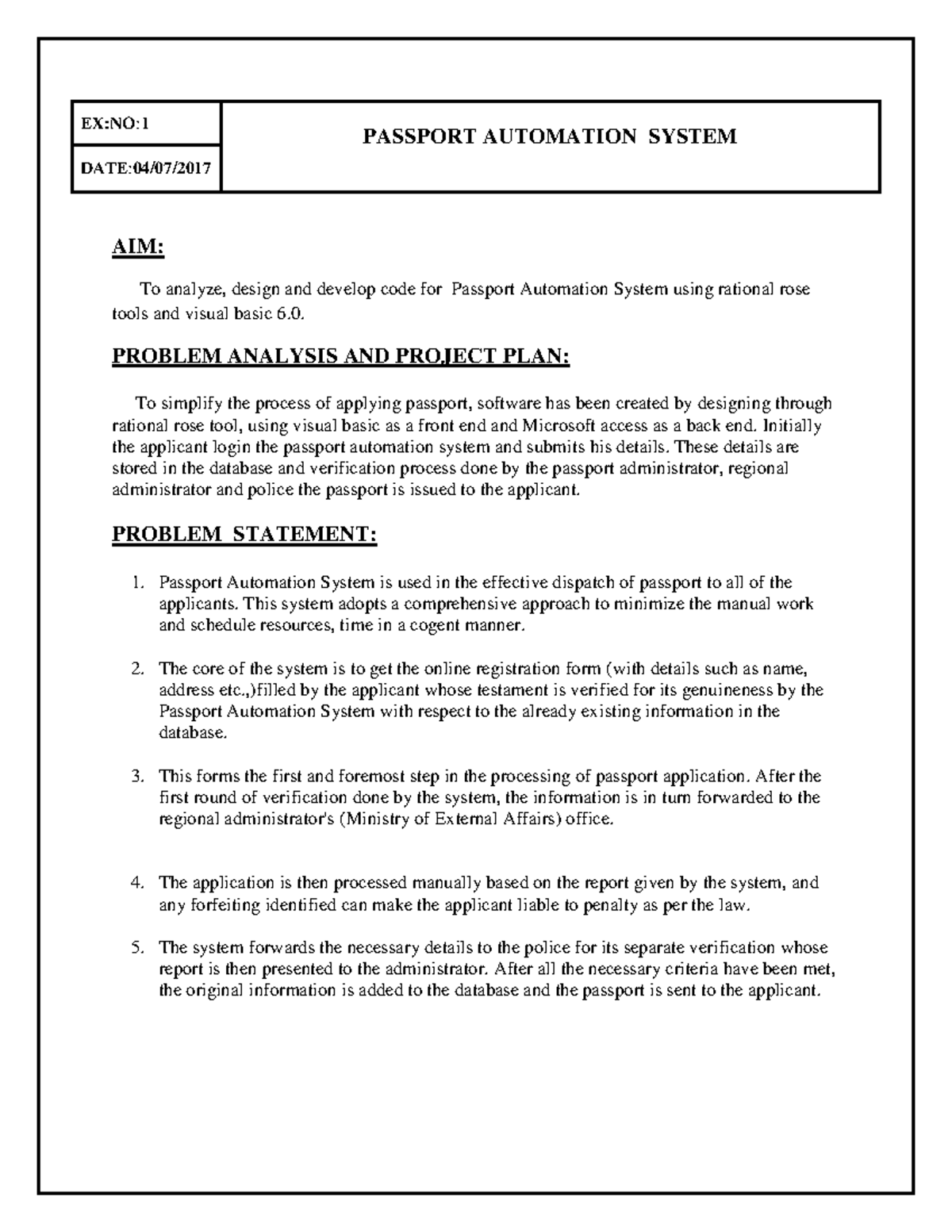 CASE TOOL LAB EXP1 - Passport Automation System Manual - Studocu