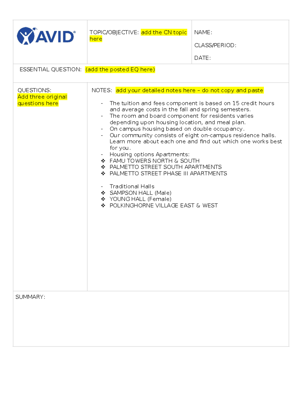 AVID Money Cornell Notes Template (CN) for Tuition & Fees - Studocu