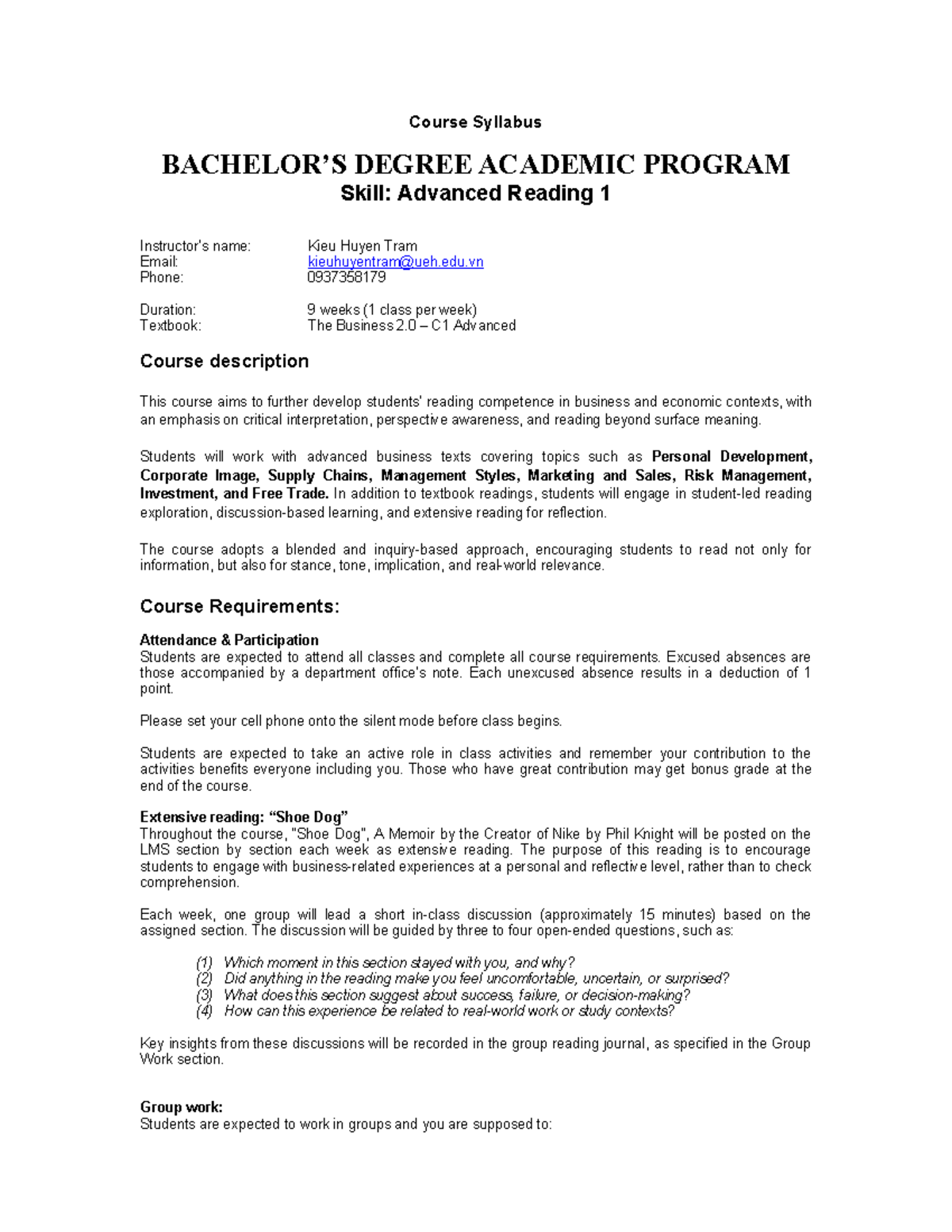 Final Course Syllabus: Advanced Reading 1 (DEGREE) - Studocu