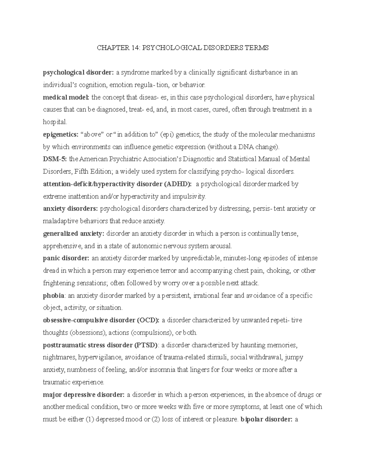 Psych 202 Psychological Disorders Terms - CHAPTER 14: PSYCHOLOGICAL ...