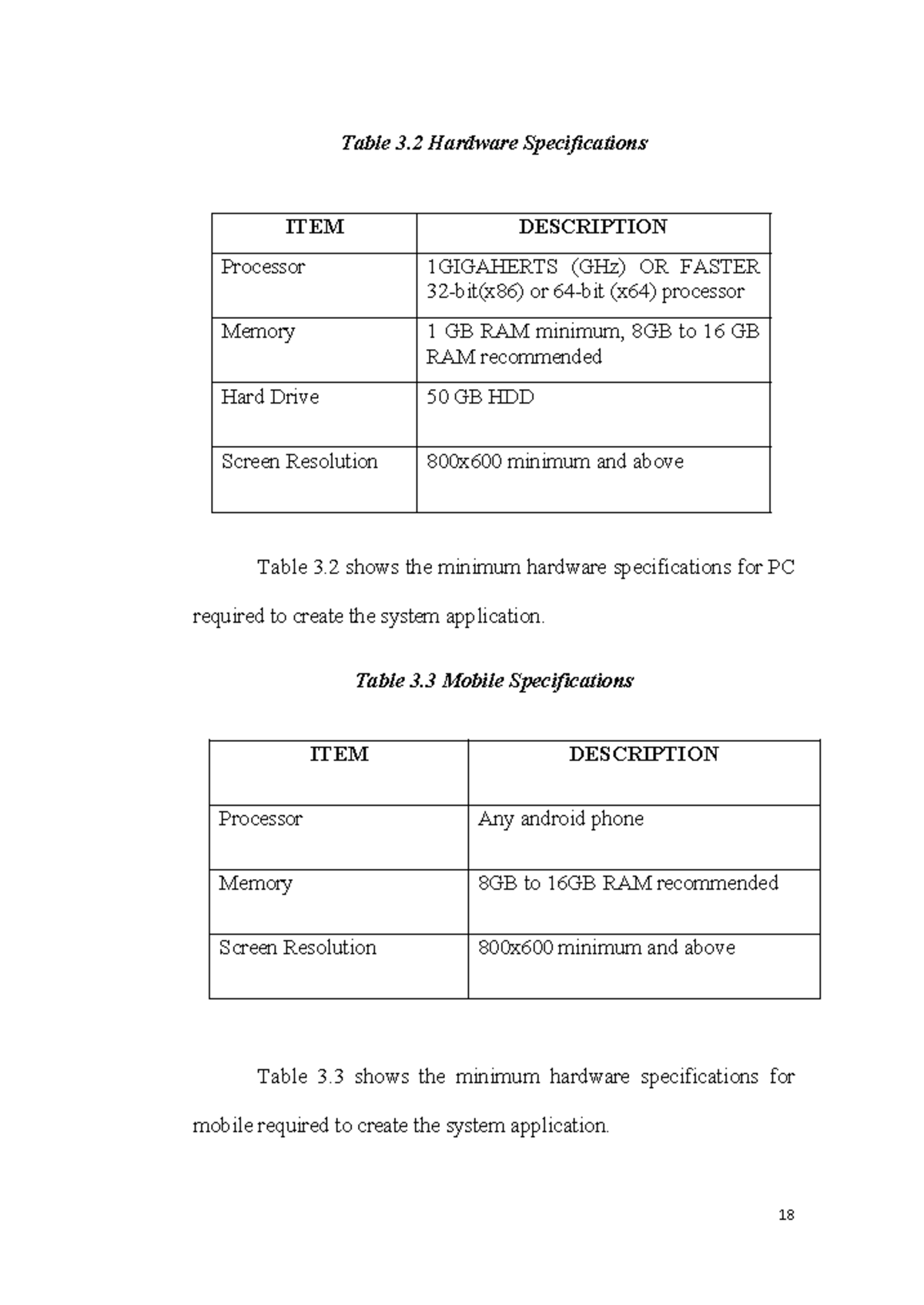 Final final final capstone - 18 Table 3. 2 Hardware Specifications ...