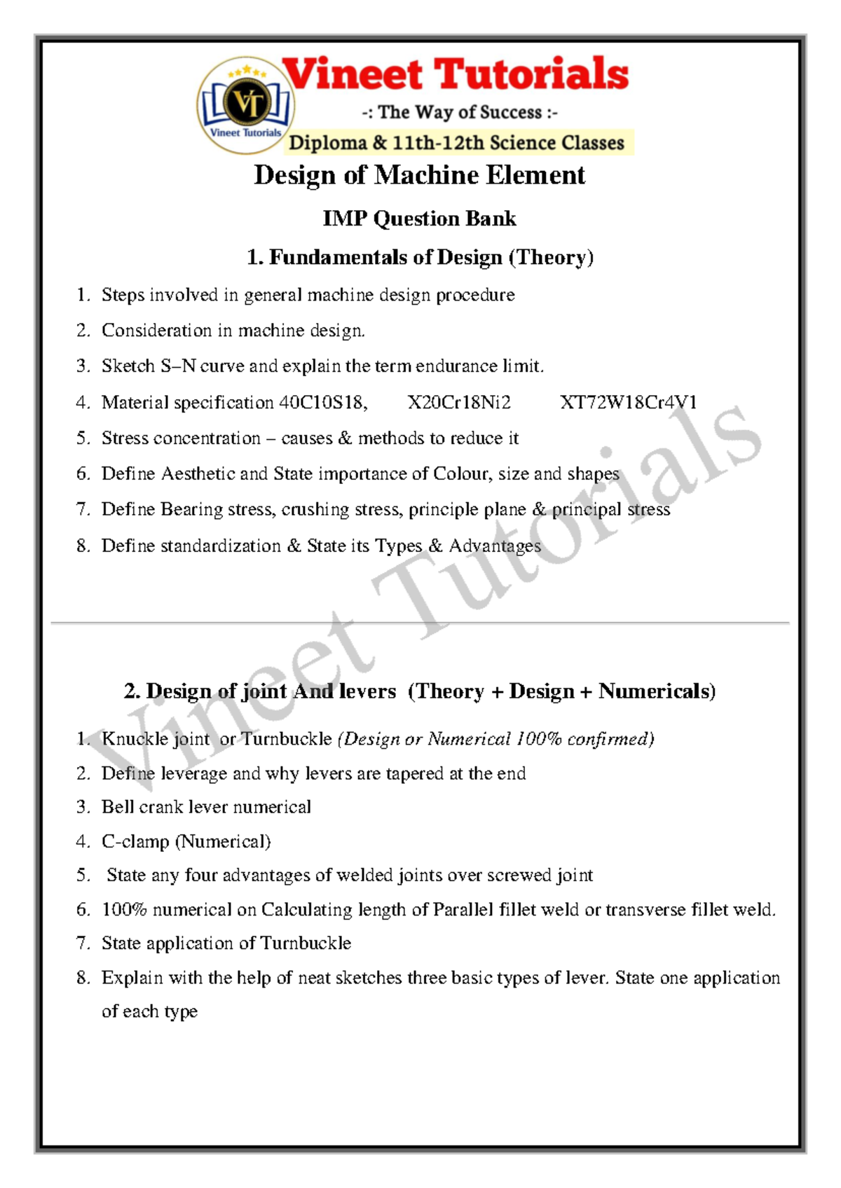 Design of Machine Elements: IMP Question Bank for ME 1776795272 - Studocu