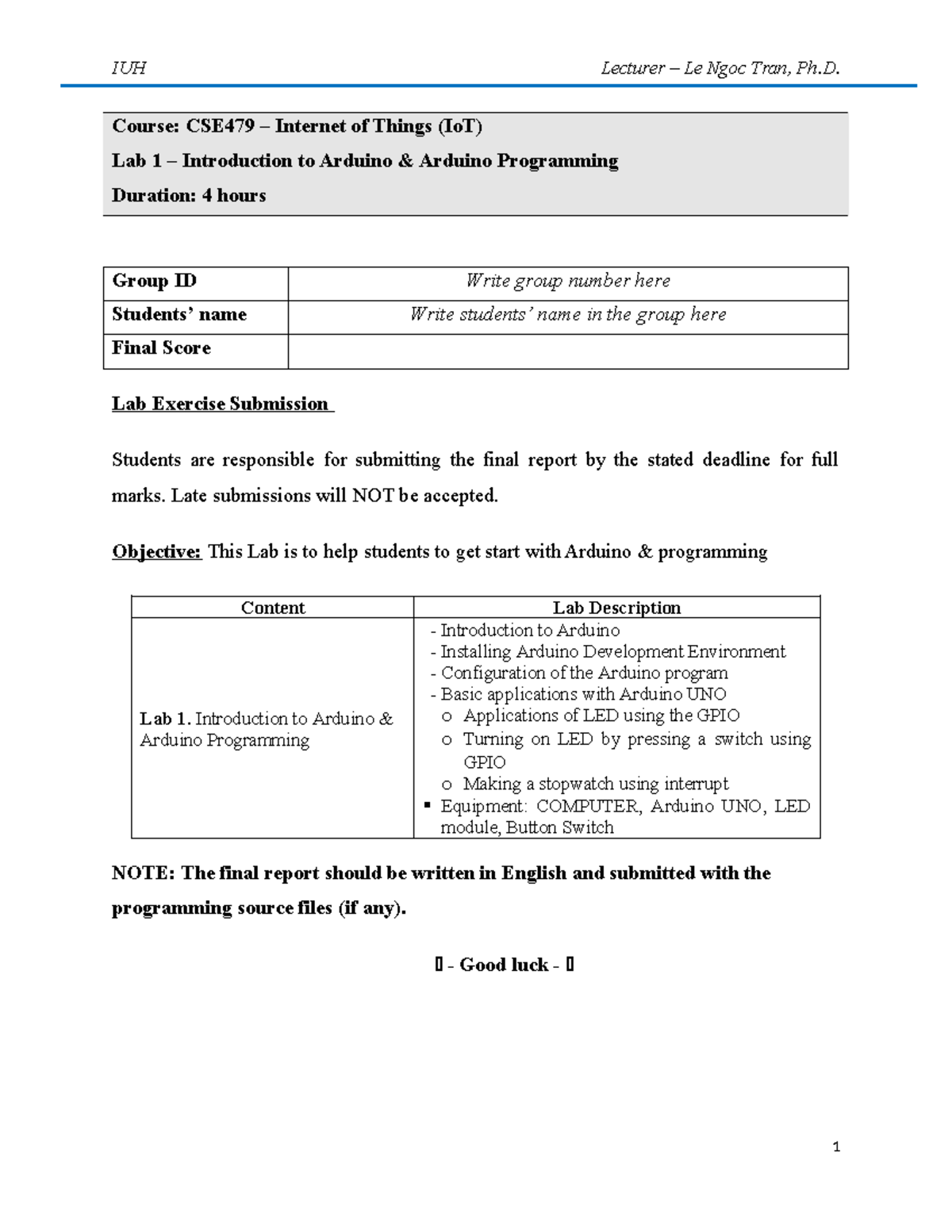Lab 1 - Working with Arduino and Programming - Course: CSE479 ...