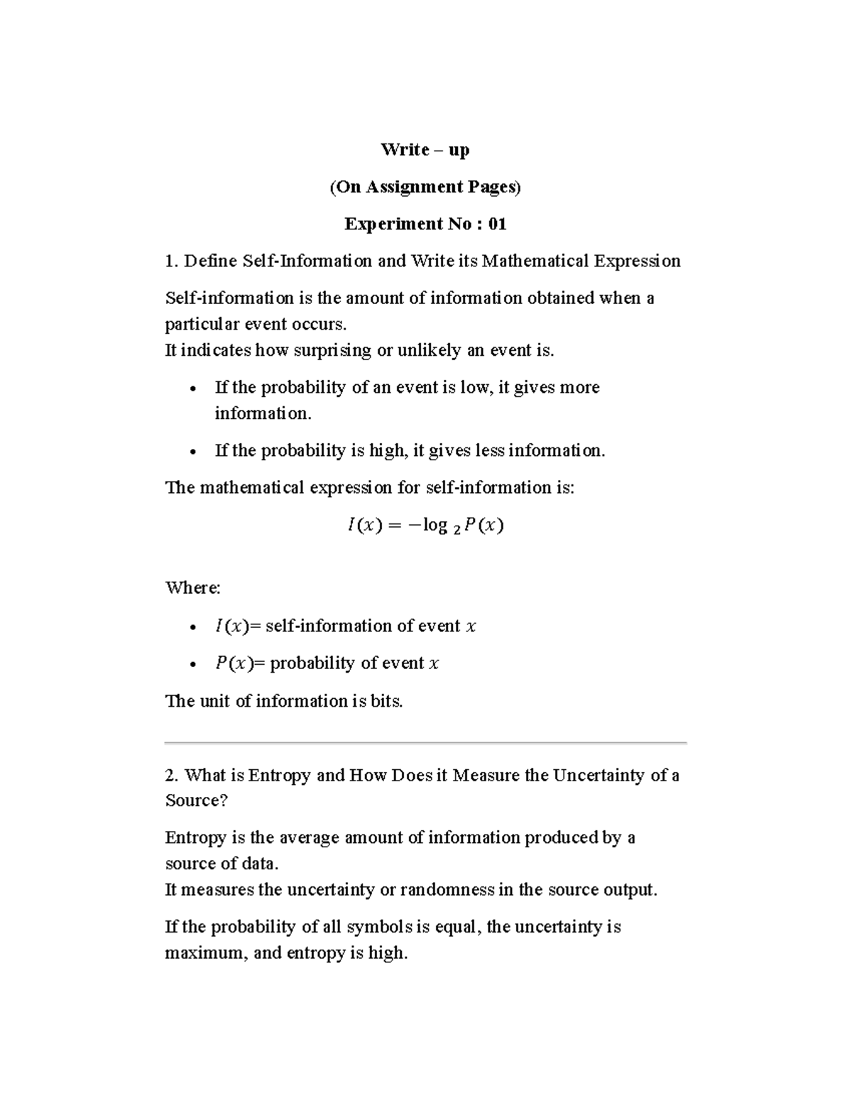ITCT Experiment Write-Up: Information Theory Concepts and Applications ...