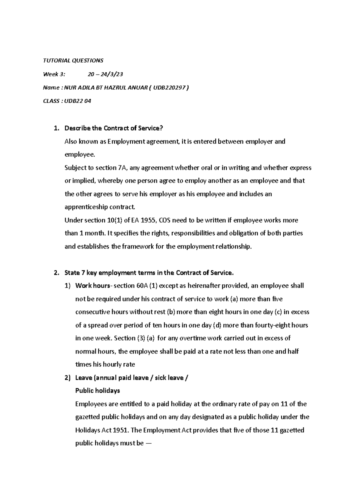 UDB220297 Week 3 Employment Law Tutorial Questions and Answers - Studocu