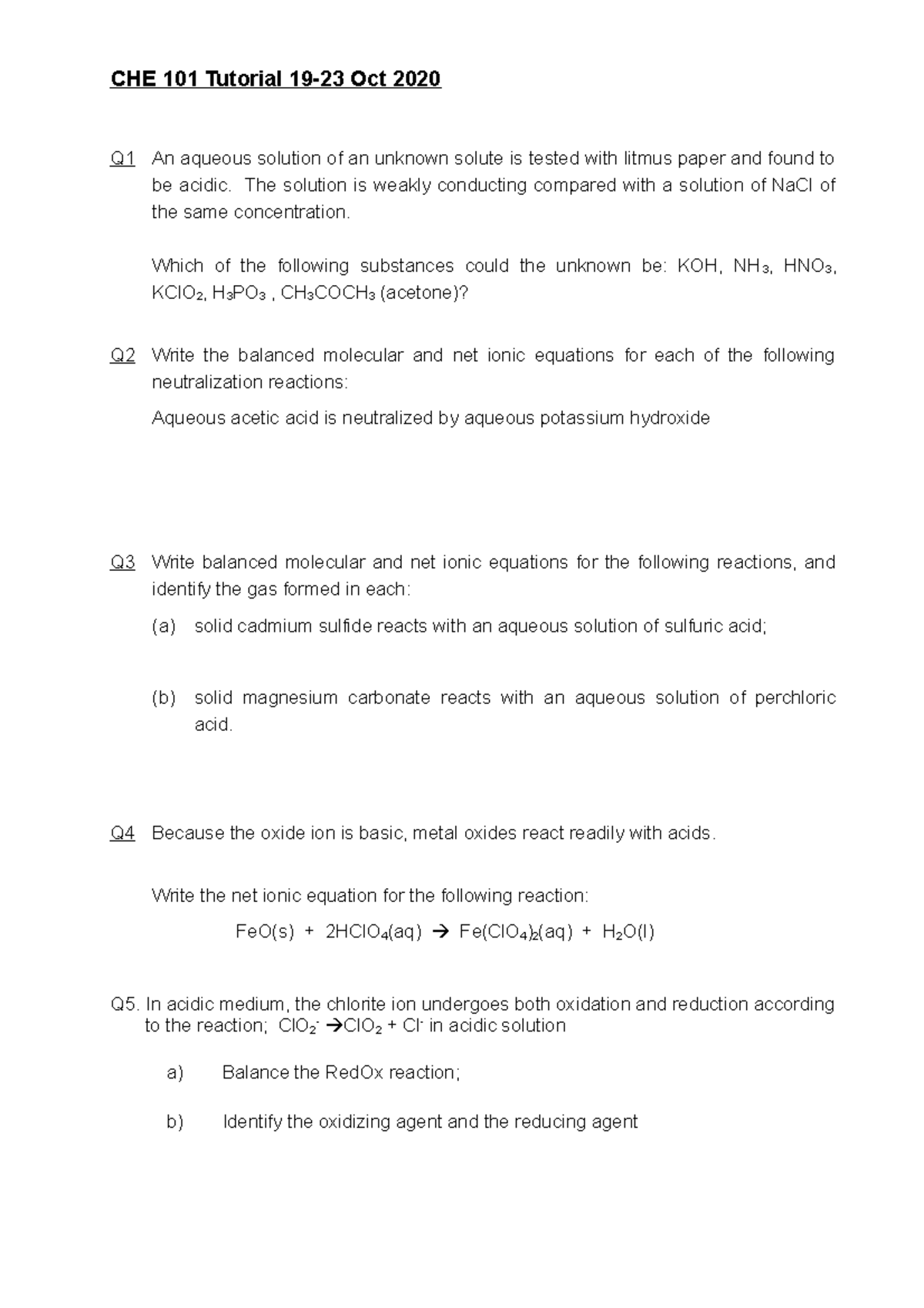CHE 101 Tutorial Questions and Answers (19-23 Oct 2020) - Studocu