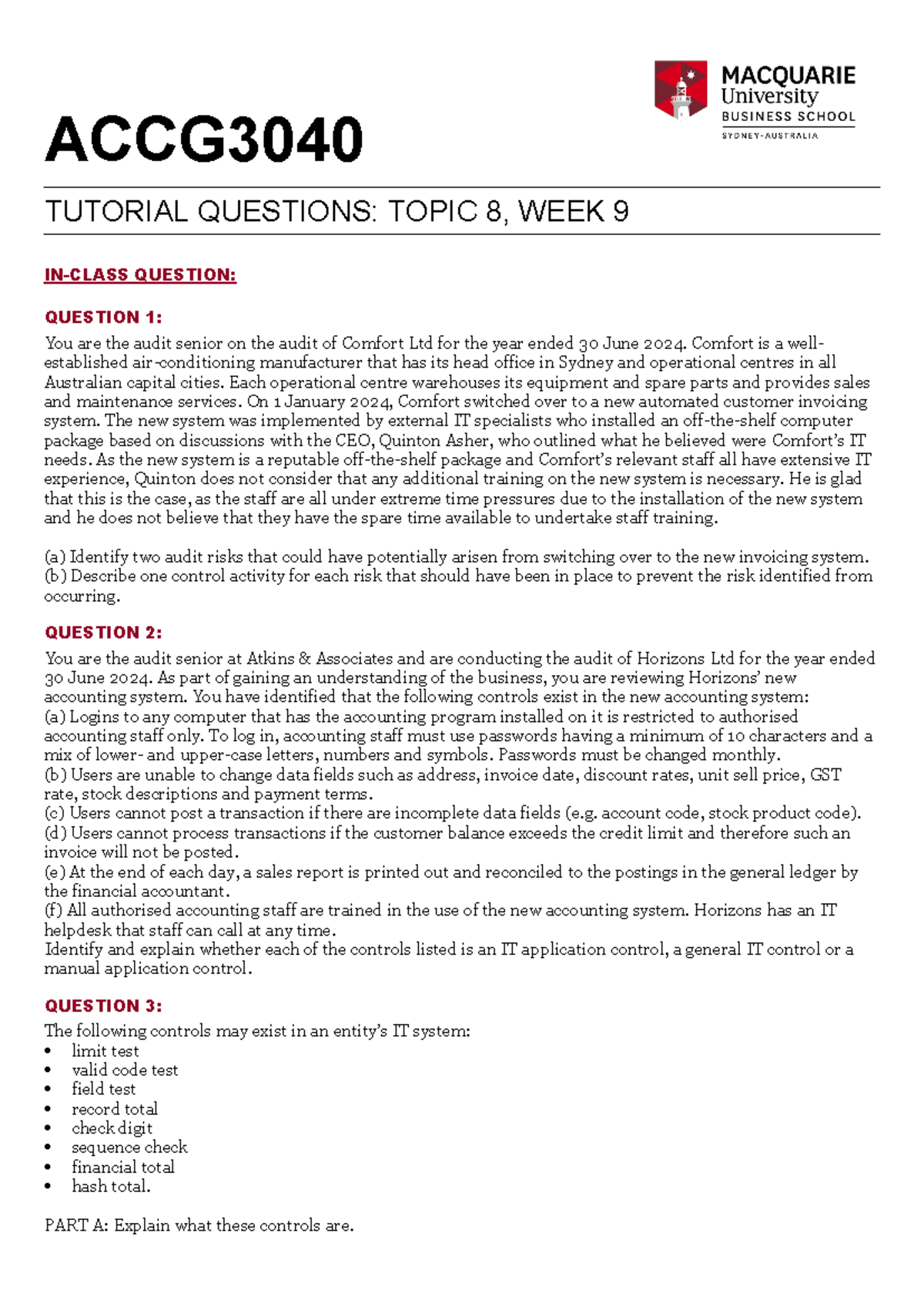 ACCG Tutorial Questions - Week 9 Audit & Invoicing Controls Analysis ...