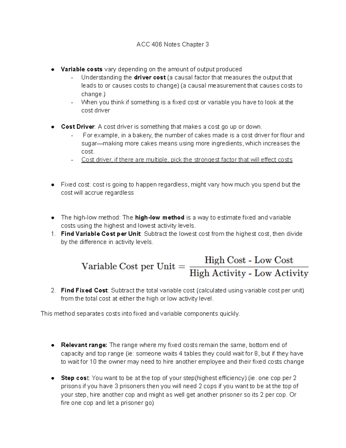 ACC 406 Notes Chapter 3 - ACC 406 Notes Chapter 3 Variable costs vary ...