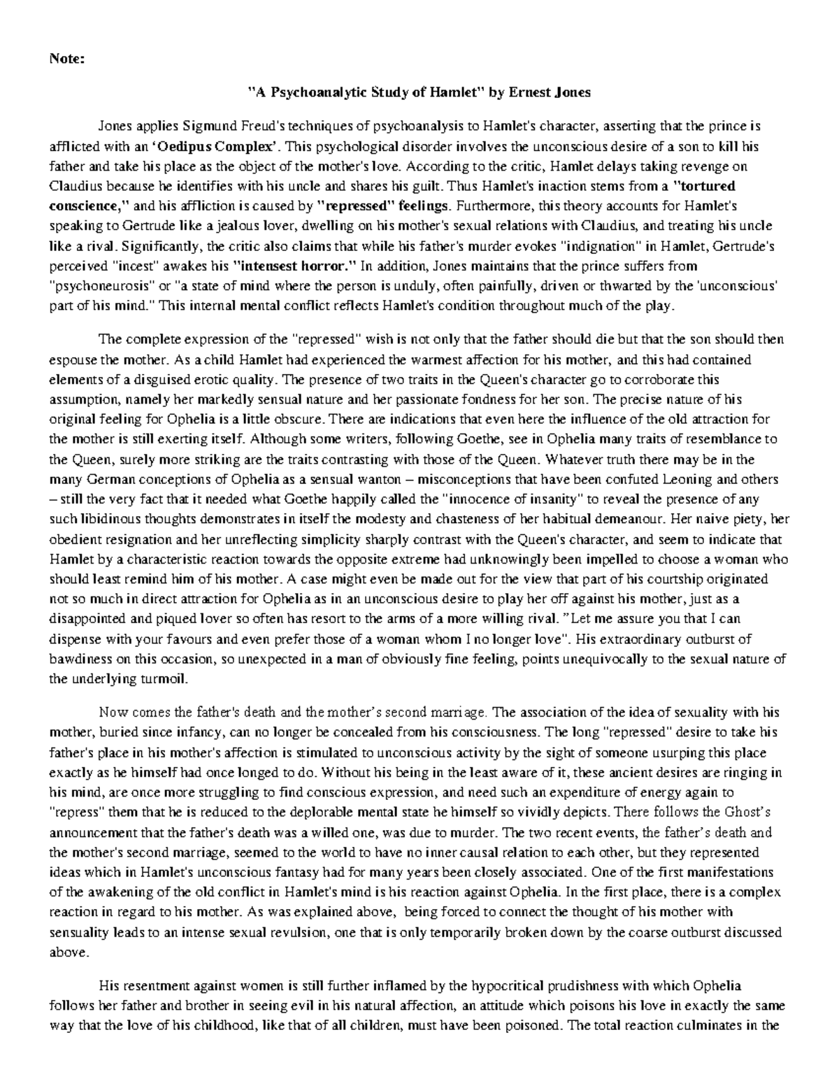 Psychoanalytic Analysis of Hamlet's Character - Summary (ENG 101) - Studocu