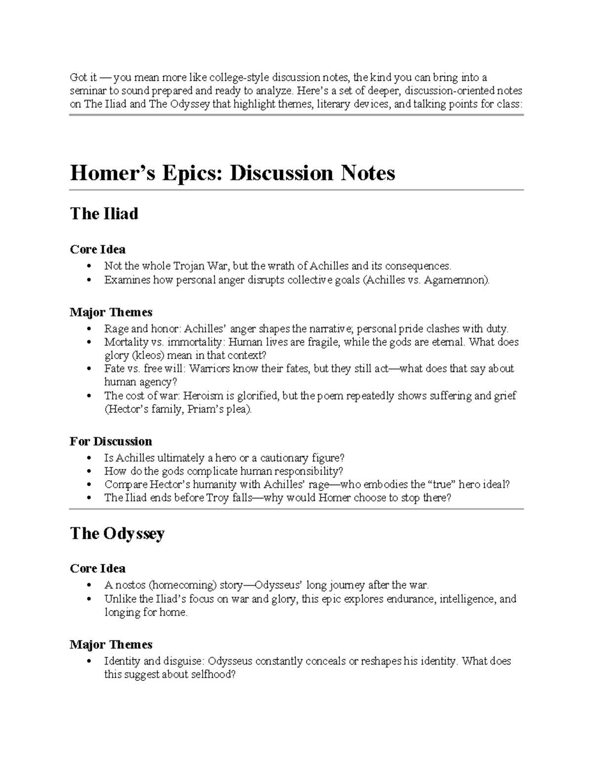 Homer’s Epics Analysis: The Iliad & The Odyssey Discussion Notes - Studocu