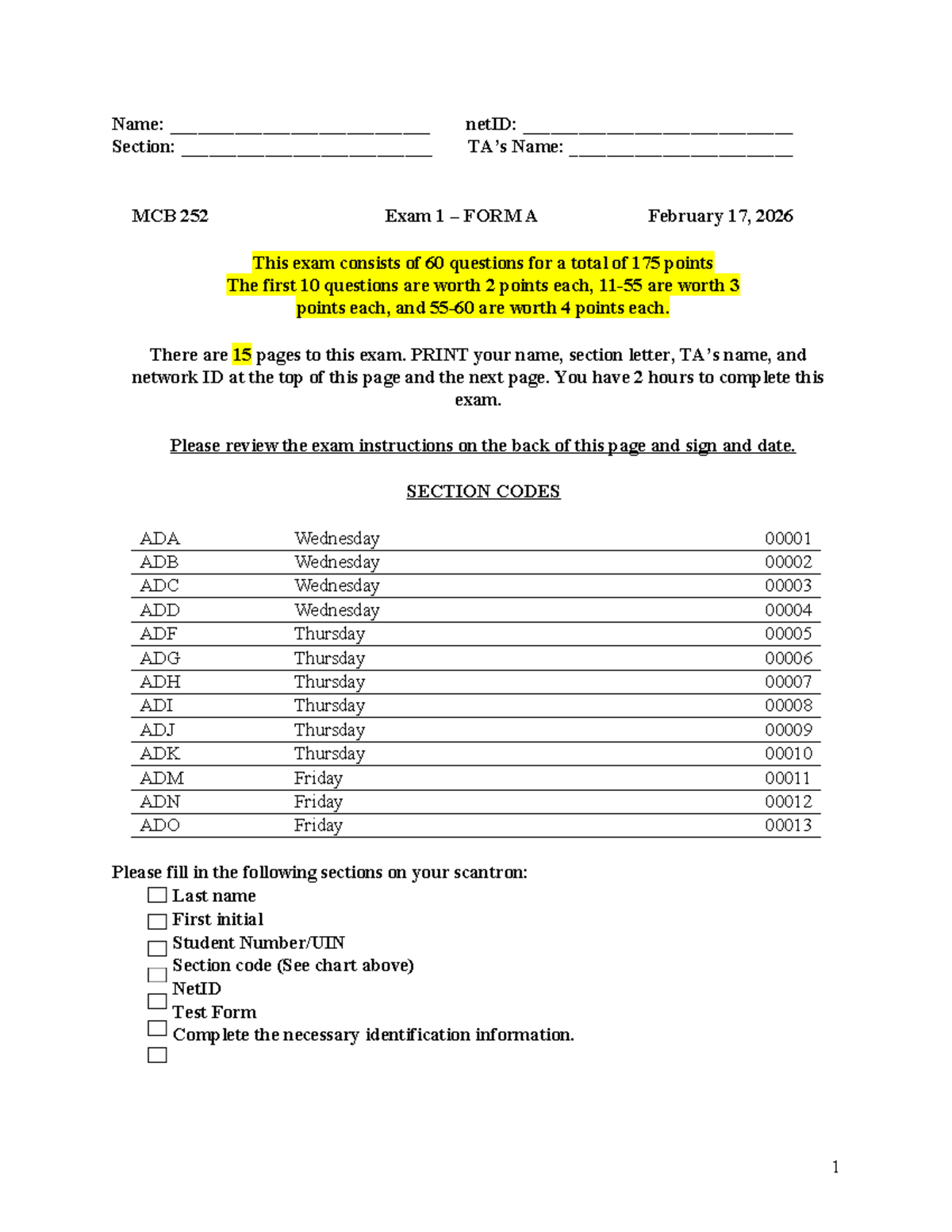 MCB 252 SP26 Exam 1 Form A Study Guide and Key - Studocu