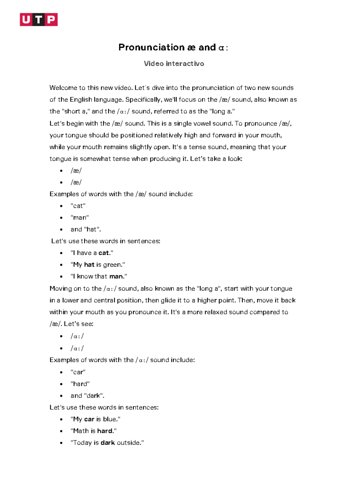 Pronunciation of æ and ɑː: Interactive Video Guide (Week 11) - Studocu