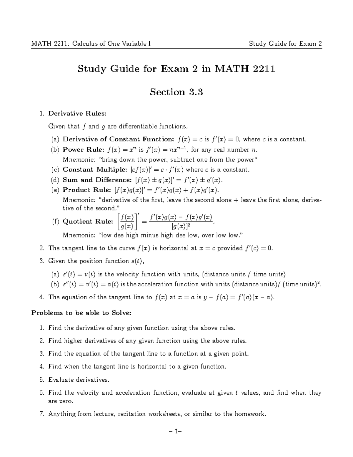 MATH 2211: Calculus of One Variable I Exam 2 Comprehensive Study Guide ...