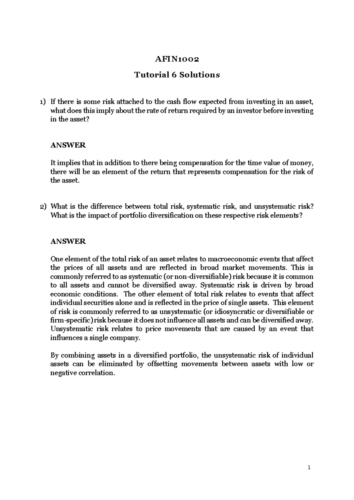 AFIN1002 Tutorial 6 Week 8 solutions - AFIN Tutorial 6 Solutions If ...