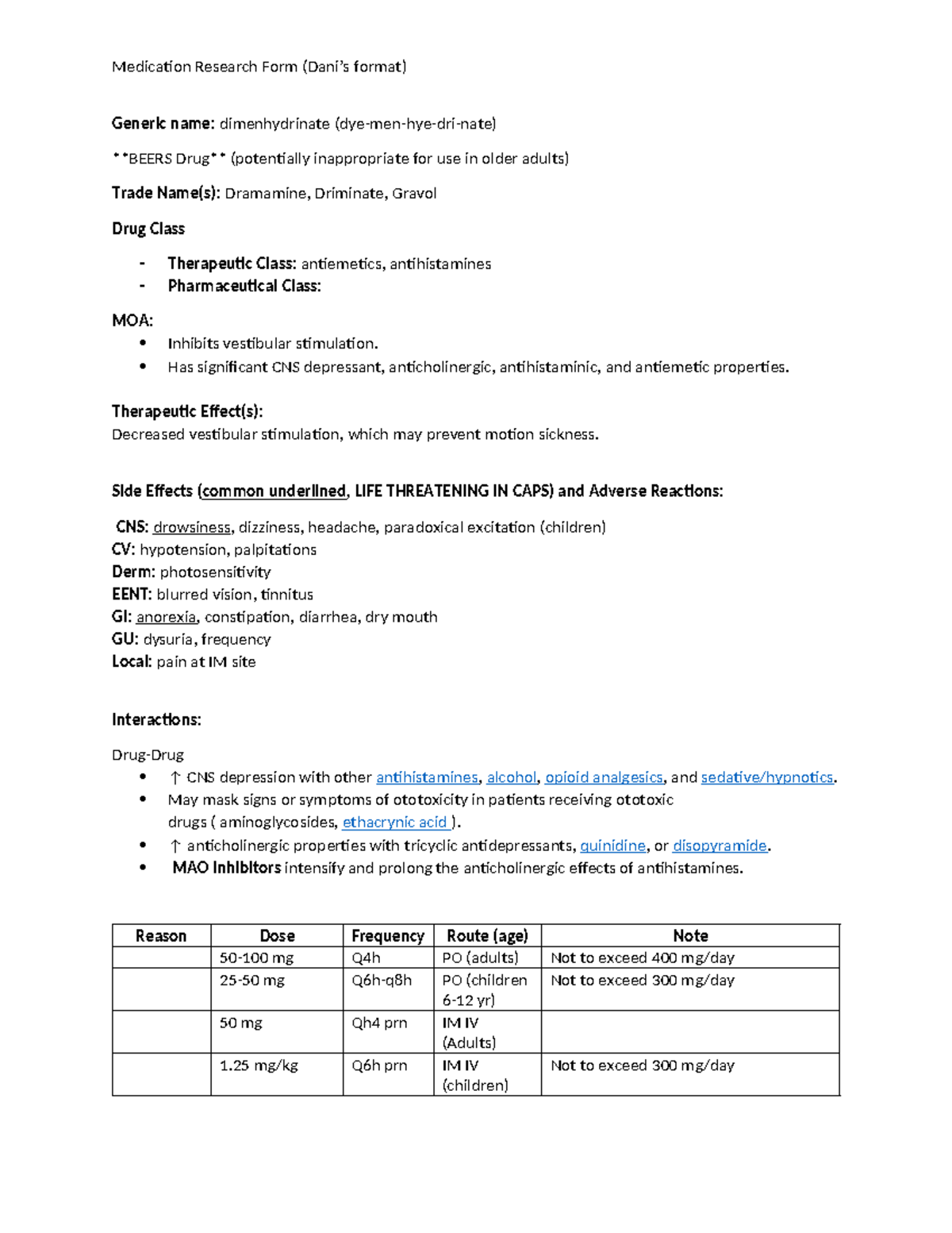 Dimenhydrinate - medication research - Medication Research Form (Dani’s ...