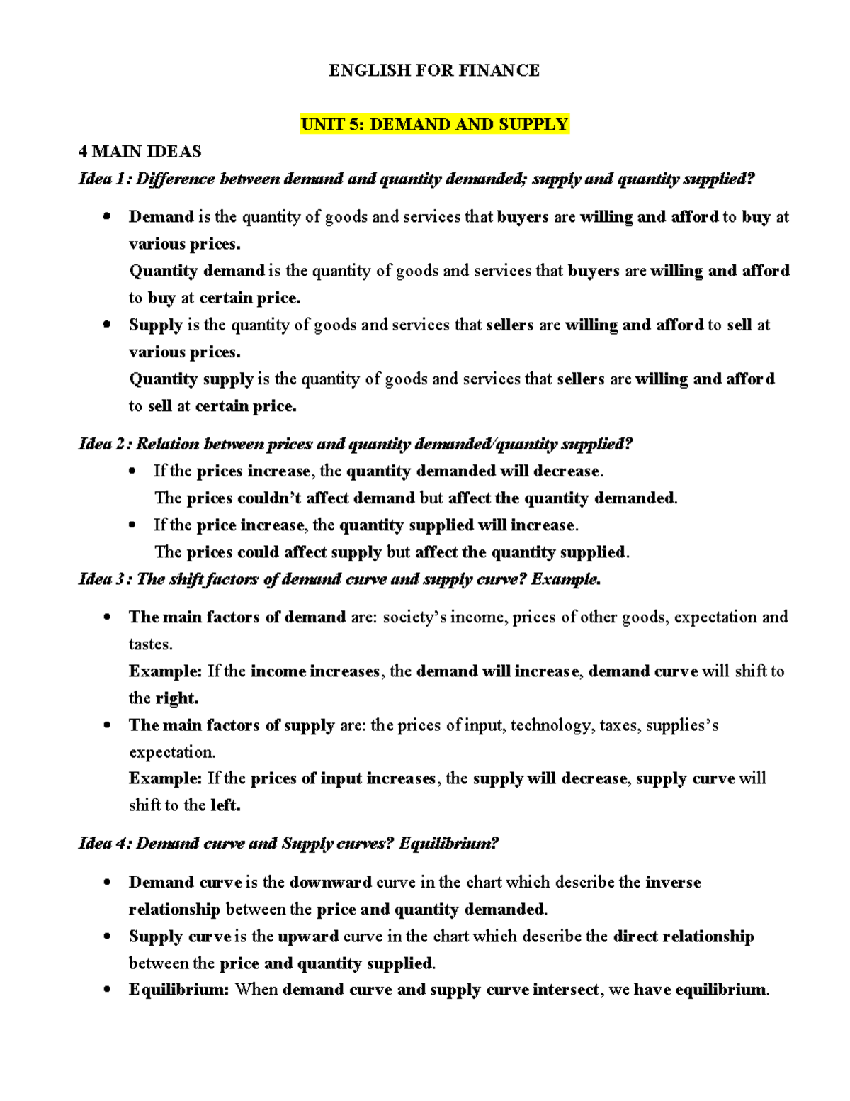ENGLISH FOR FINANCE UNIT 5: DEMAND & SUPPLY KEY CONCEPTS - Studocu
