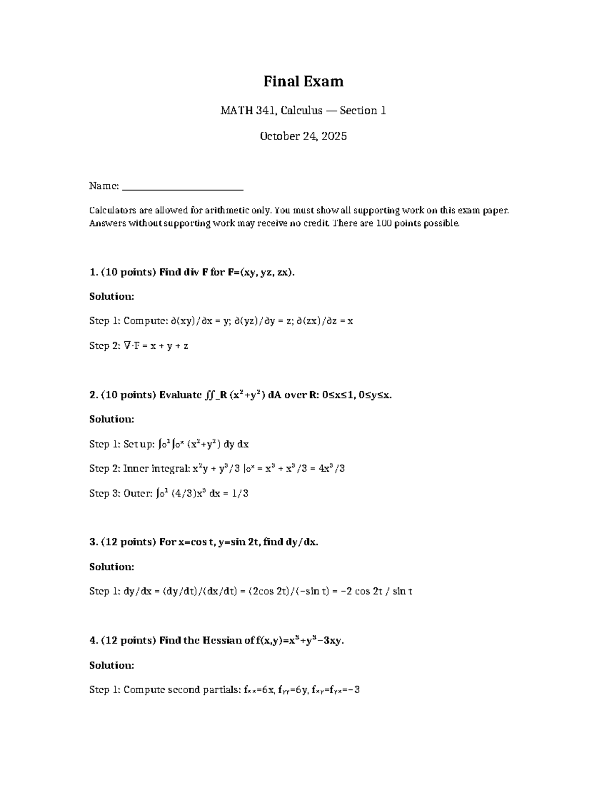 Final Exam Solutions for MATH 341, Calculus Section 1 - Studocu