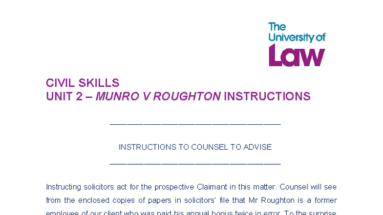 CIVIL SKILLS UNIT 2: MUNRO V ROUGHTON COUNSEL INSTRUCTIONS - Studocu