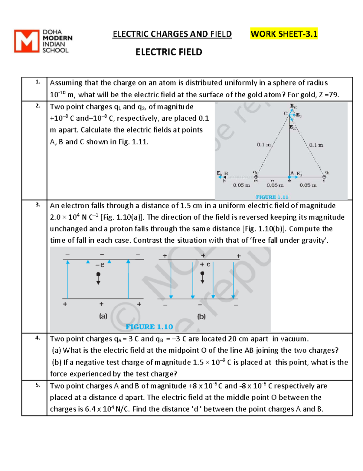 ELECTRIC FIELD WORKSHEET: CHARGES & CALCULATIONS - Studocu
