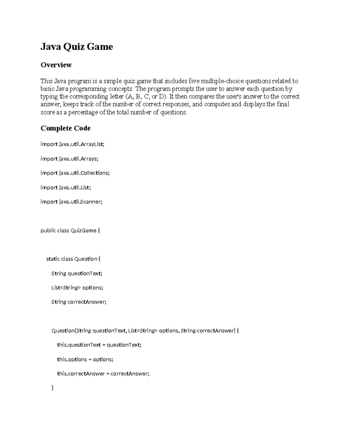 Java Quiz Game Overview - Assign 1 - Studocu