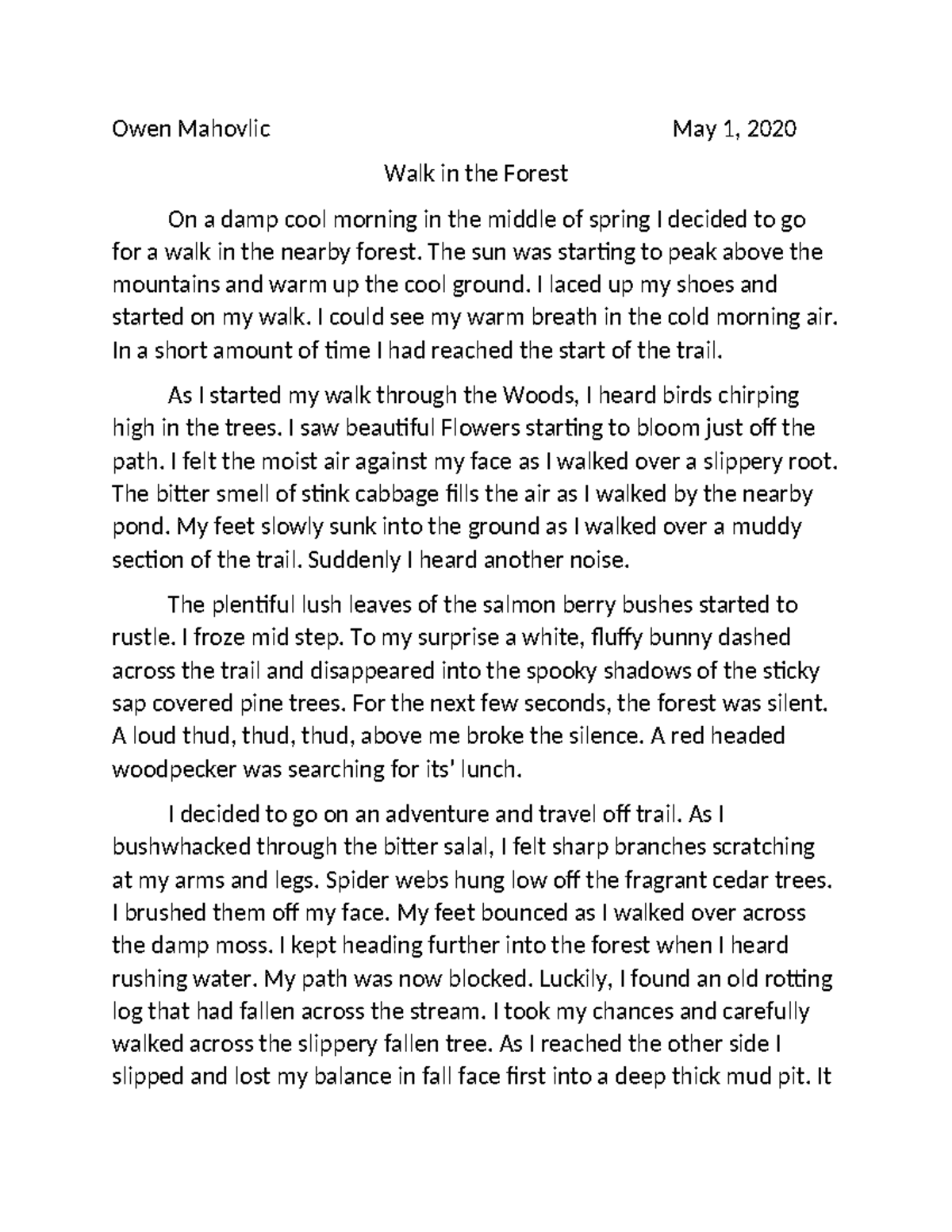 Detailed forest writing - Owen Mahovlic May 1, 2020 Walk in the Forest ...