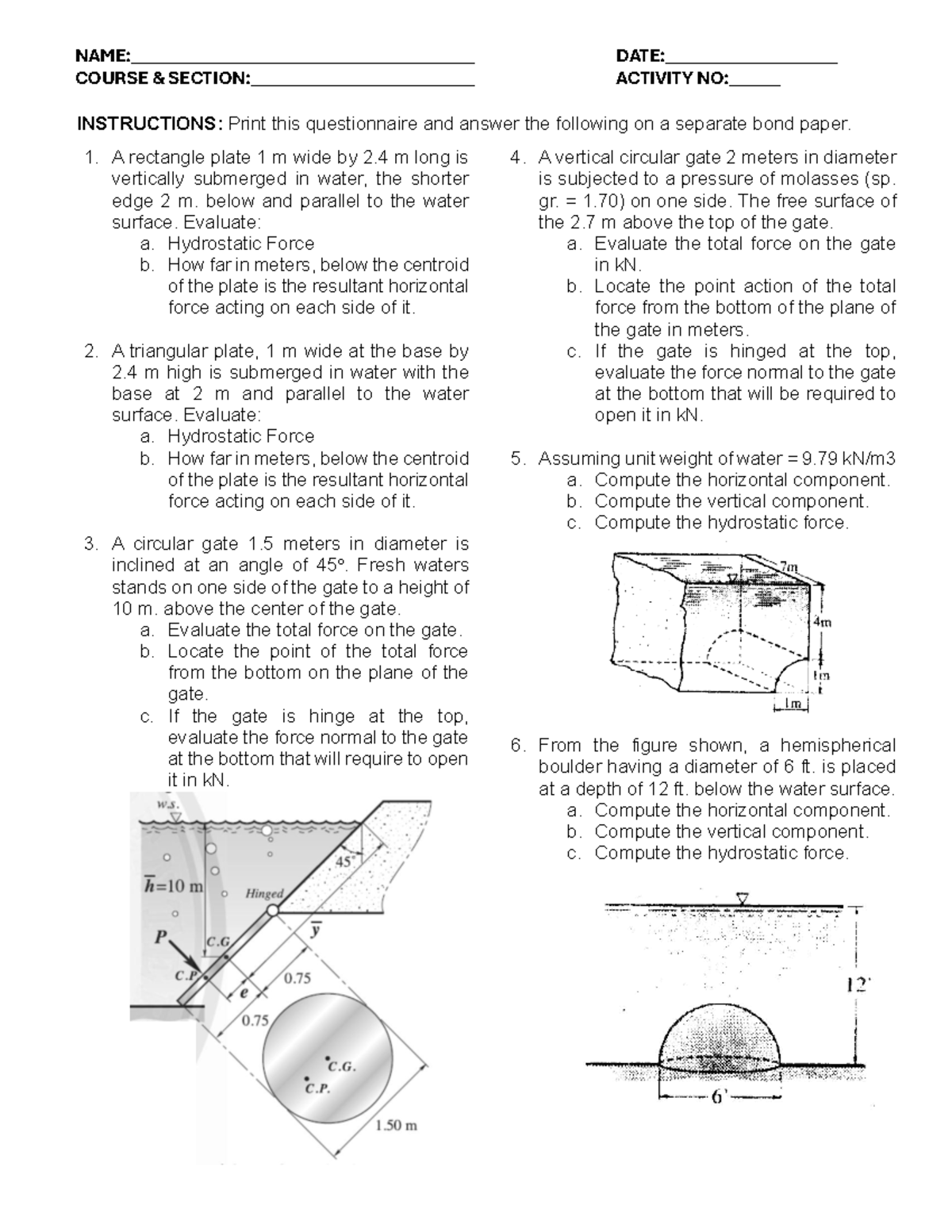 Activity No. 3 - CE366 - Hydrostatic Force Problem Set - Studocu