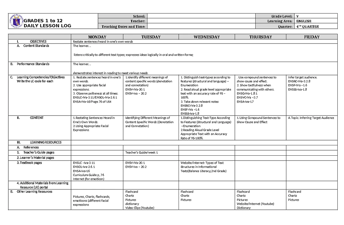 DLL EPP 5 Q4 W1 - Comprehensive Lesson Plan for EPP V - Studocu